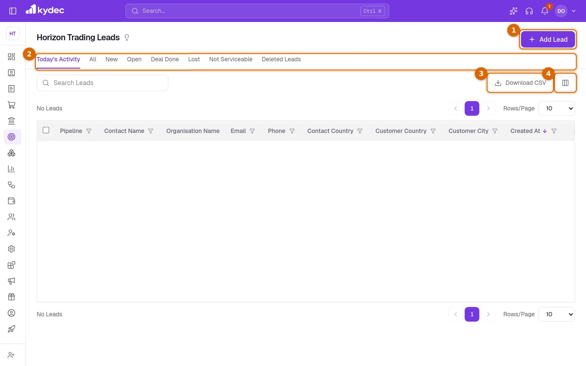 The All Leads list with the Add Lead button, the tabs, Download CSV and the columns button marked.