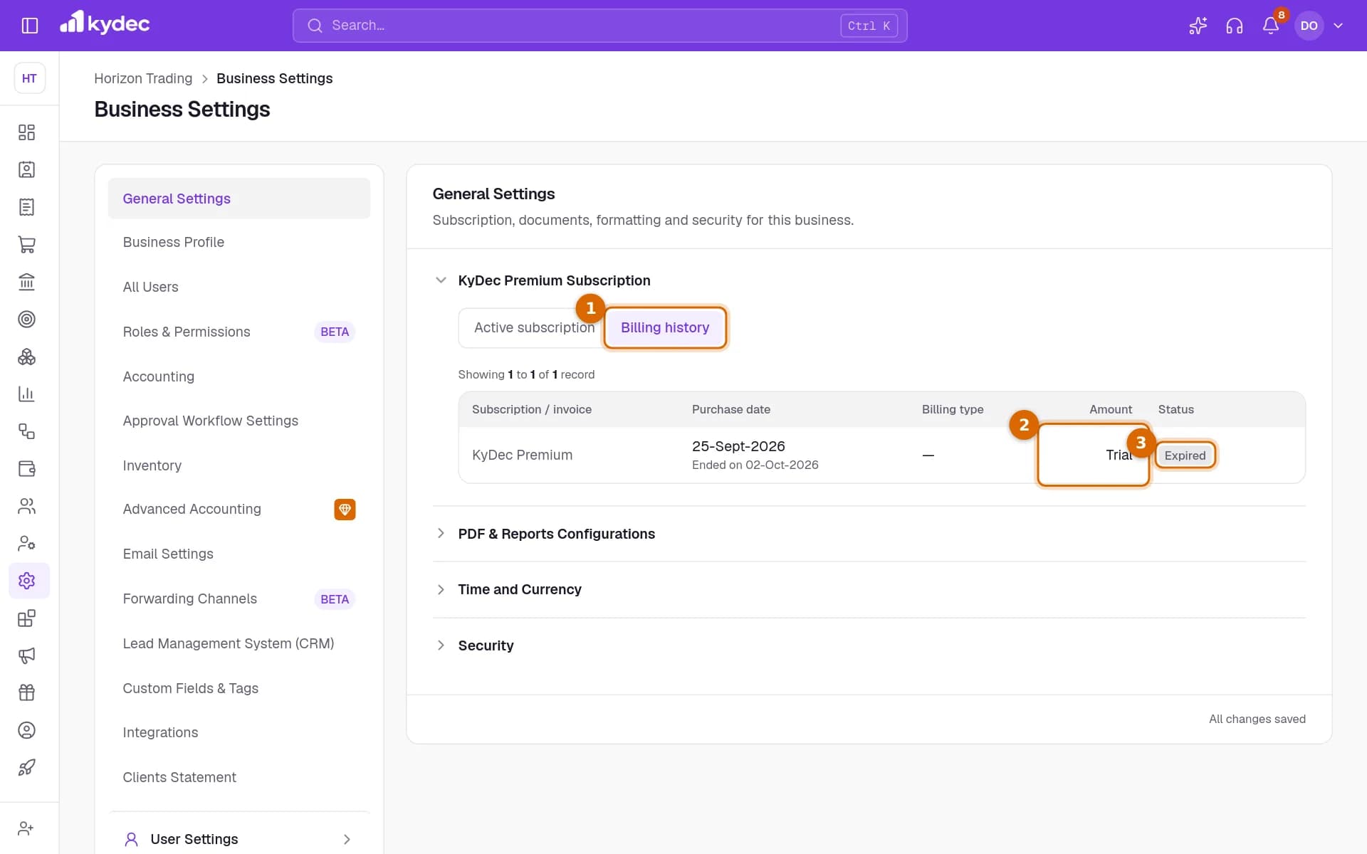 The Billing history tab with the tab, the Trial amount and the Expired status marked.