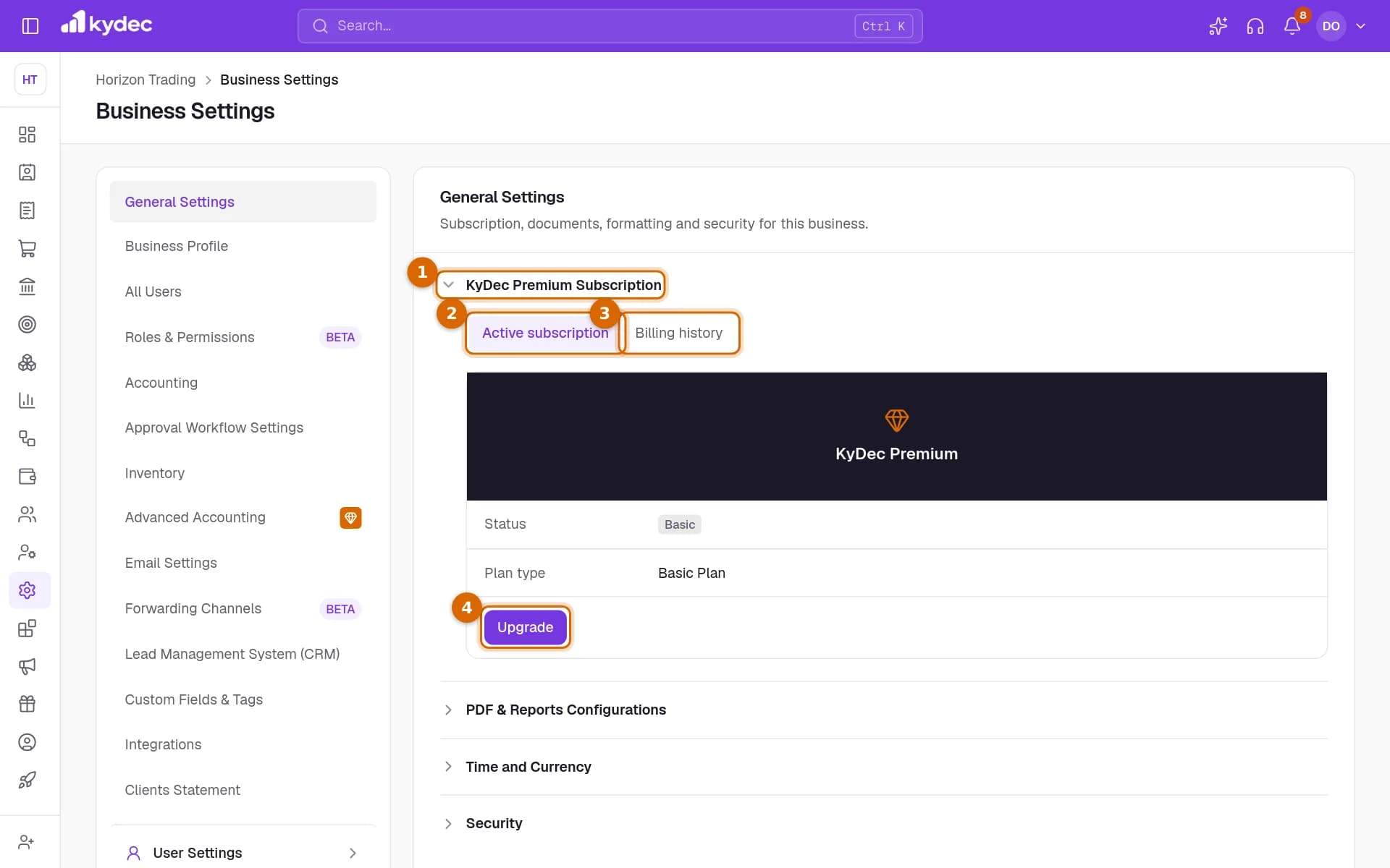 General Settings with the KyDec Premium Subscription section, the Active subscription and Billing history tabs and the Upgrade button marked.
