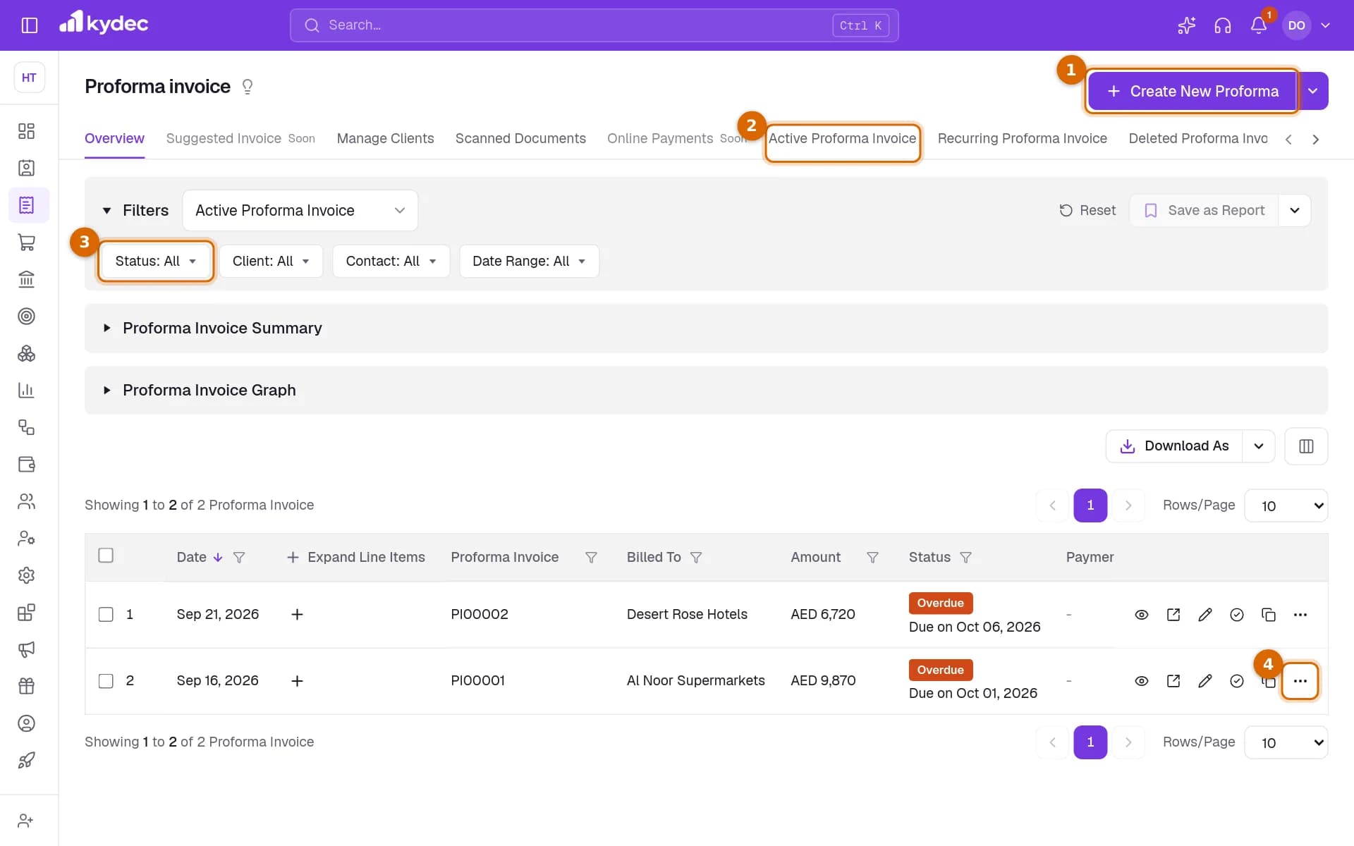 The Proforma invoice list with the Create New Proforma button, the Active Proforma Invoice tab, the Status filter and the actions menu on a row marked.