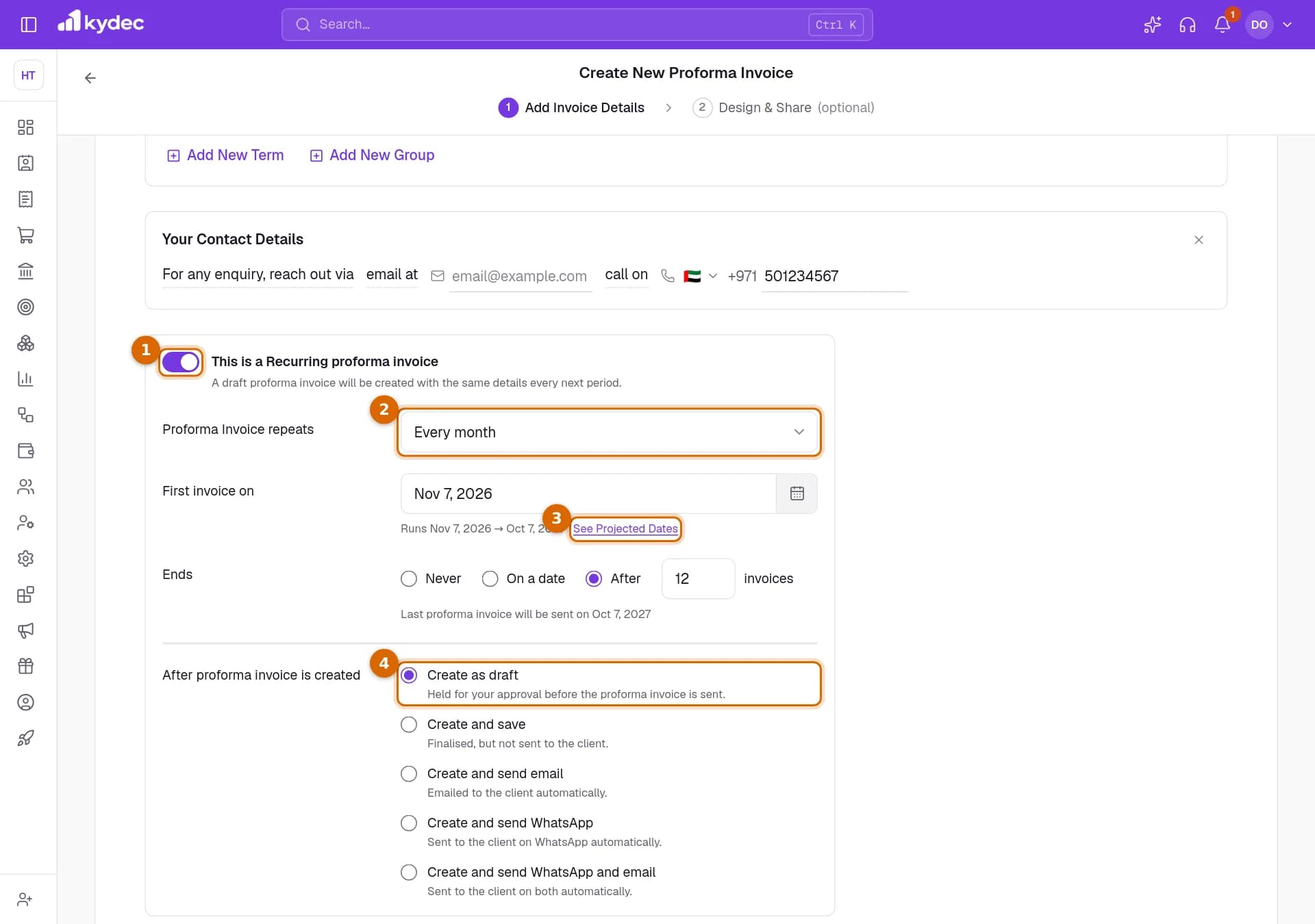 The recurring schedule on a proforma invoice, with the recurring switch, the repeat interval, See Projected Dates and Create as draft marked.