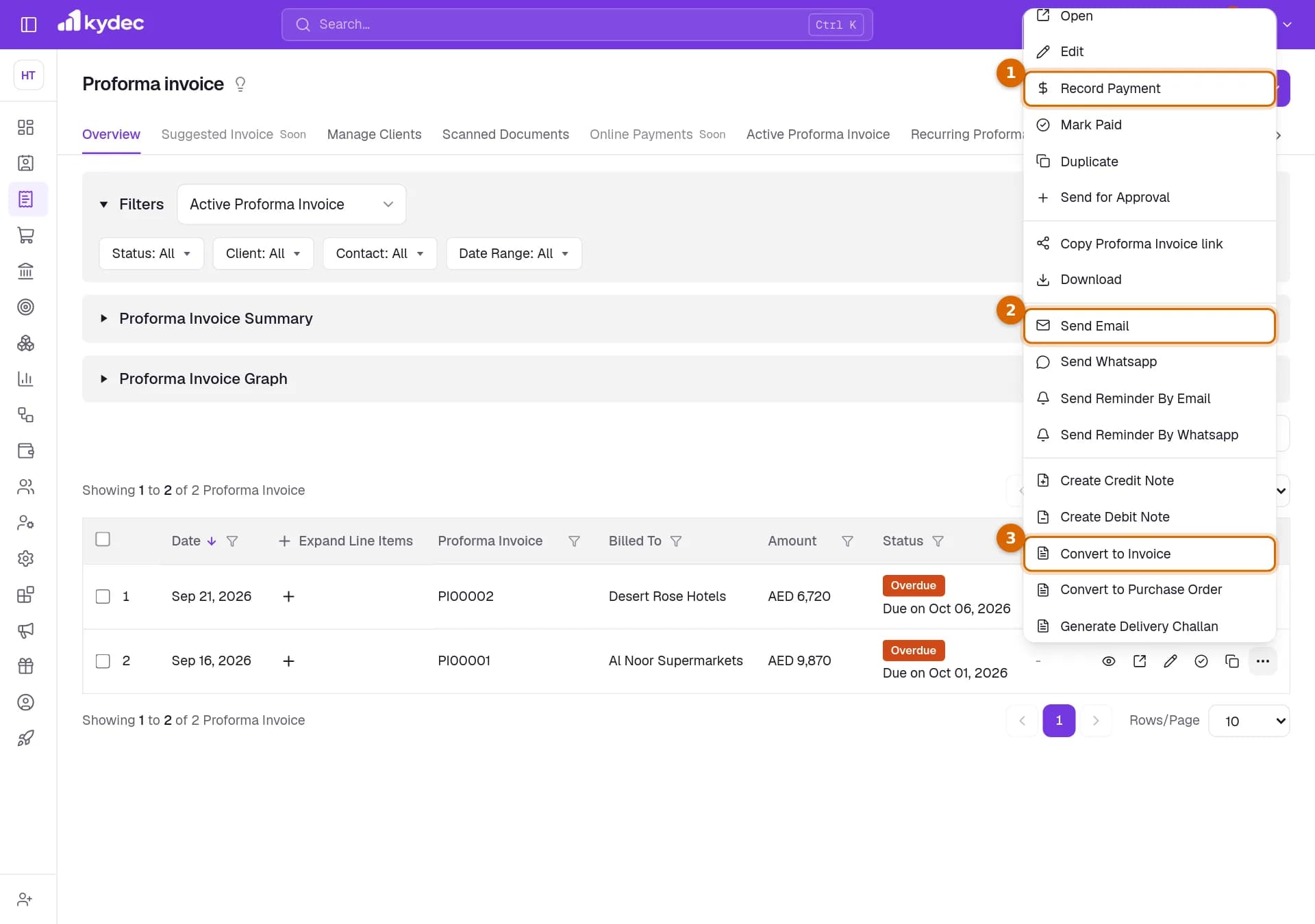 The actions menu of a proforma invoice, with Record Payment, Send Email and Convert to Invoice marked.