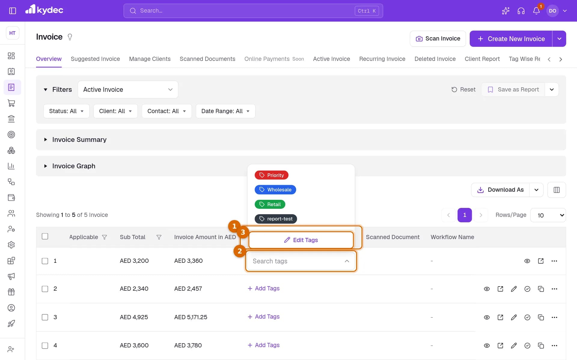 The Invoices list with the Tags column, the tag search box on a row and the Edit Tags link marked.