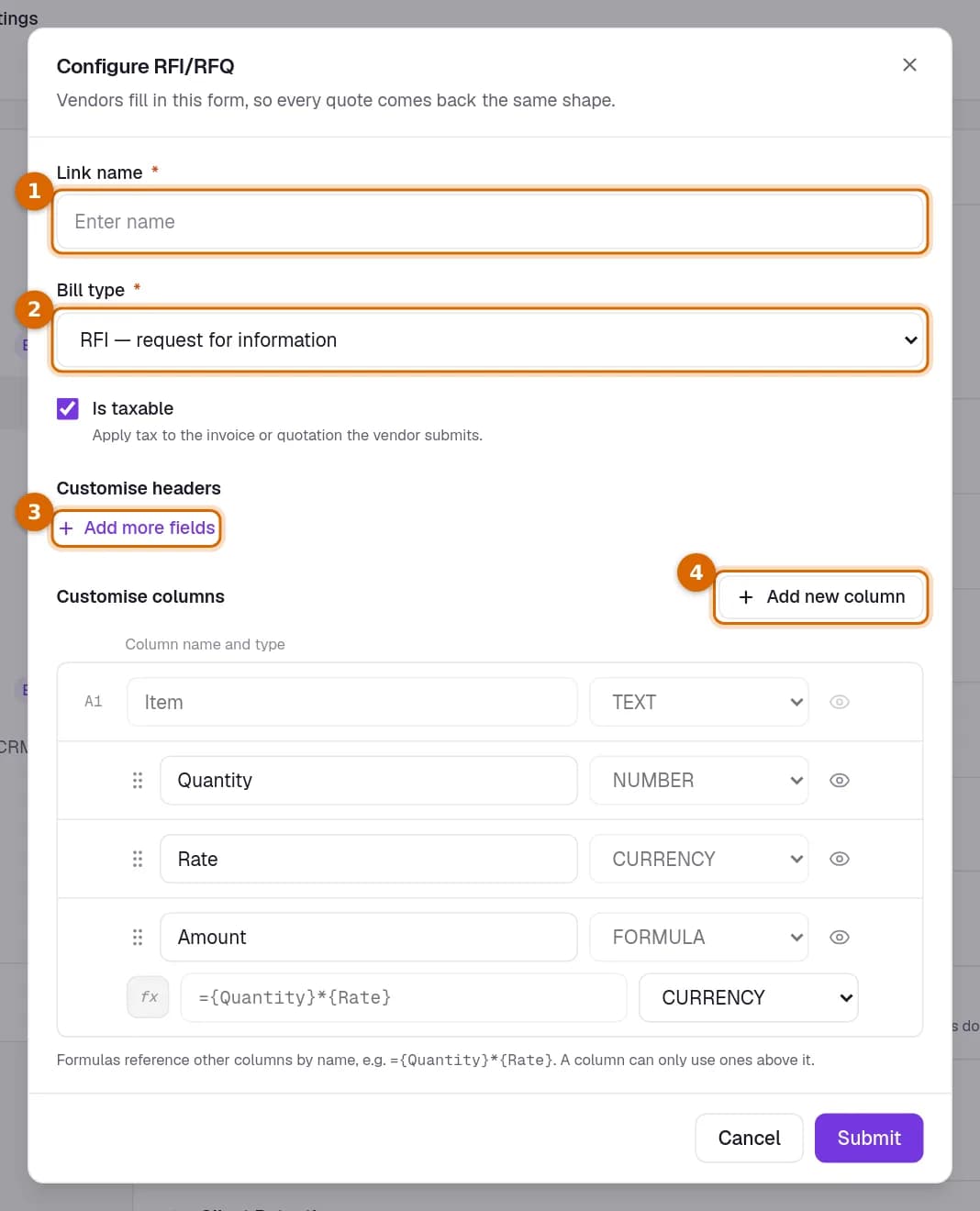 The Configure RFI/RFQ dialog with the Link Name and Bill Type fields, Add More Fields and Add New Column marked.