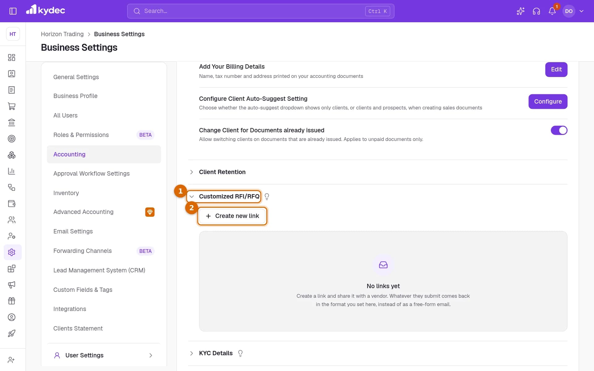The Customized RFI/RFQ section of the Accounting settings, with its heading and the Create New Link button marked.