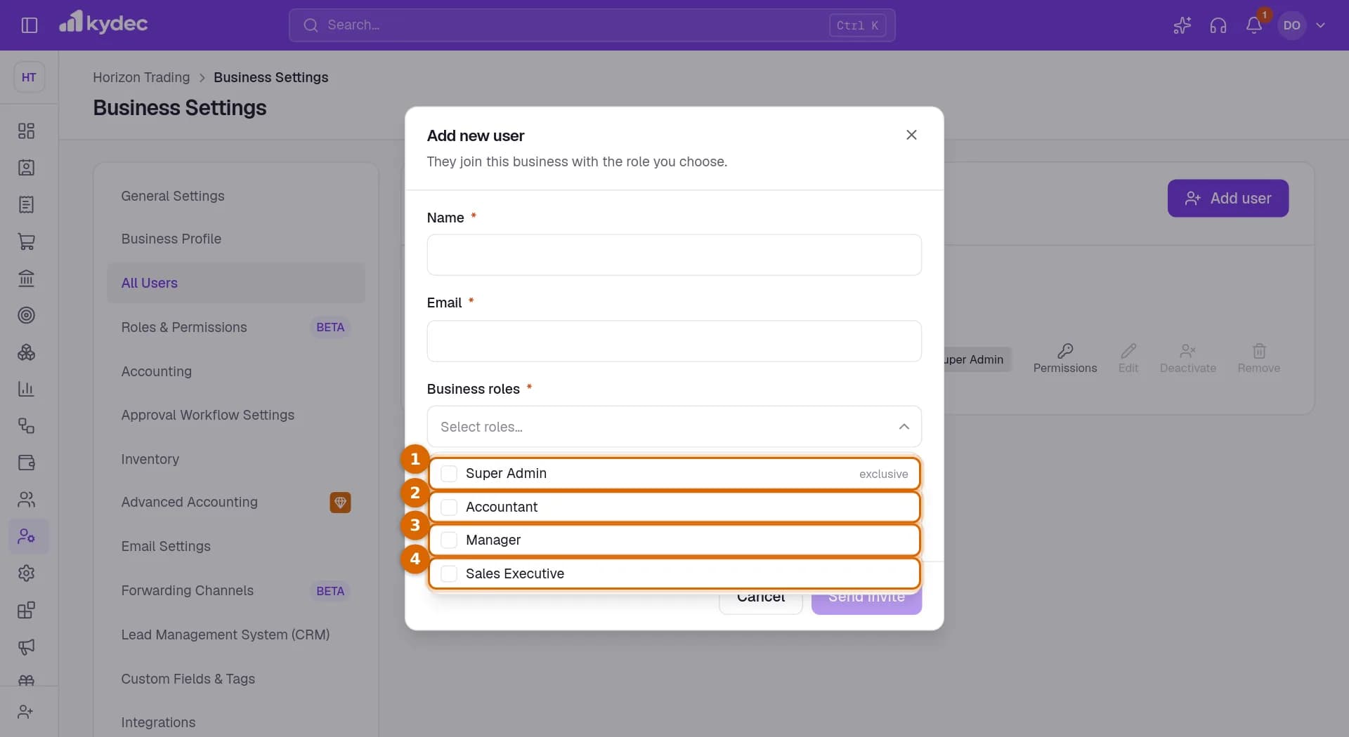 The role list in the Add new user dialog, with Super Admin, Accountant, Manager and Sales Executive marked.