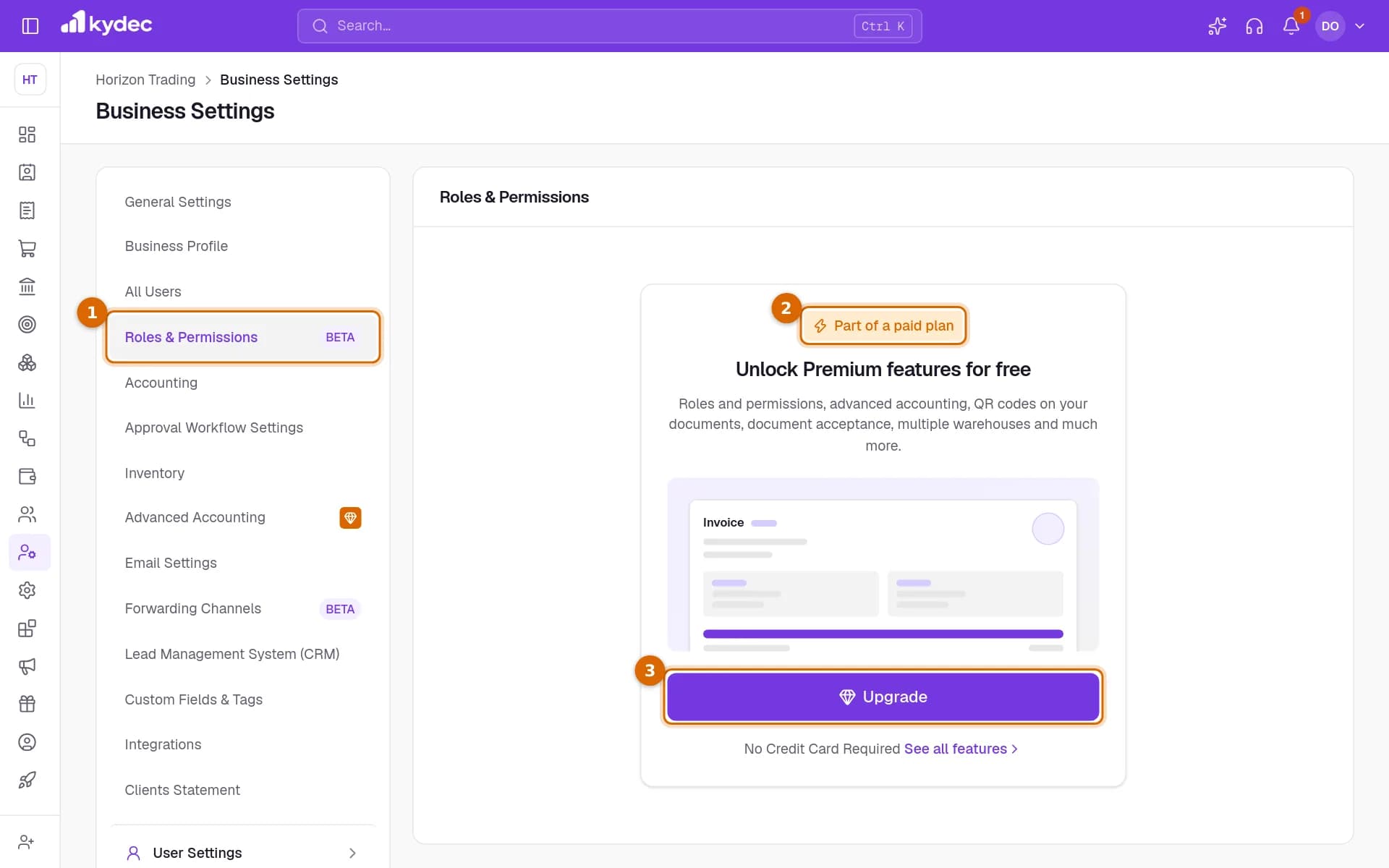 The Roles & Permissions tab on the Basic plan, with the tab, the Part of a paid plan label and the Upgrade button marked.