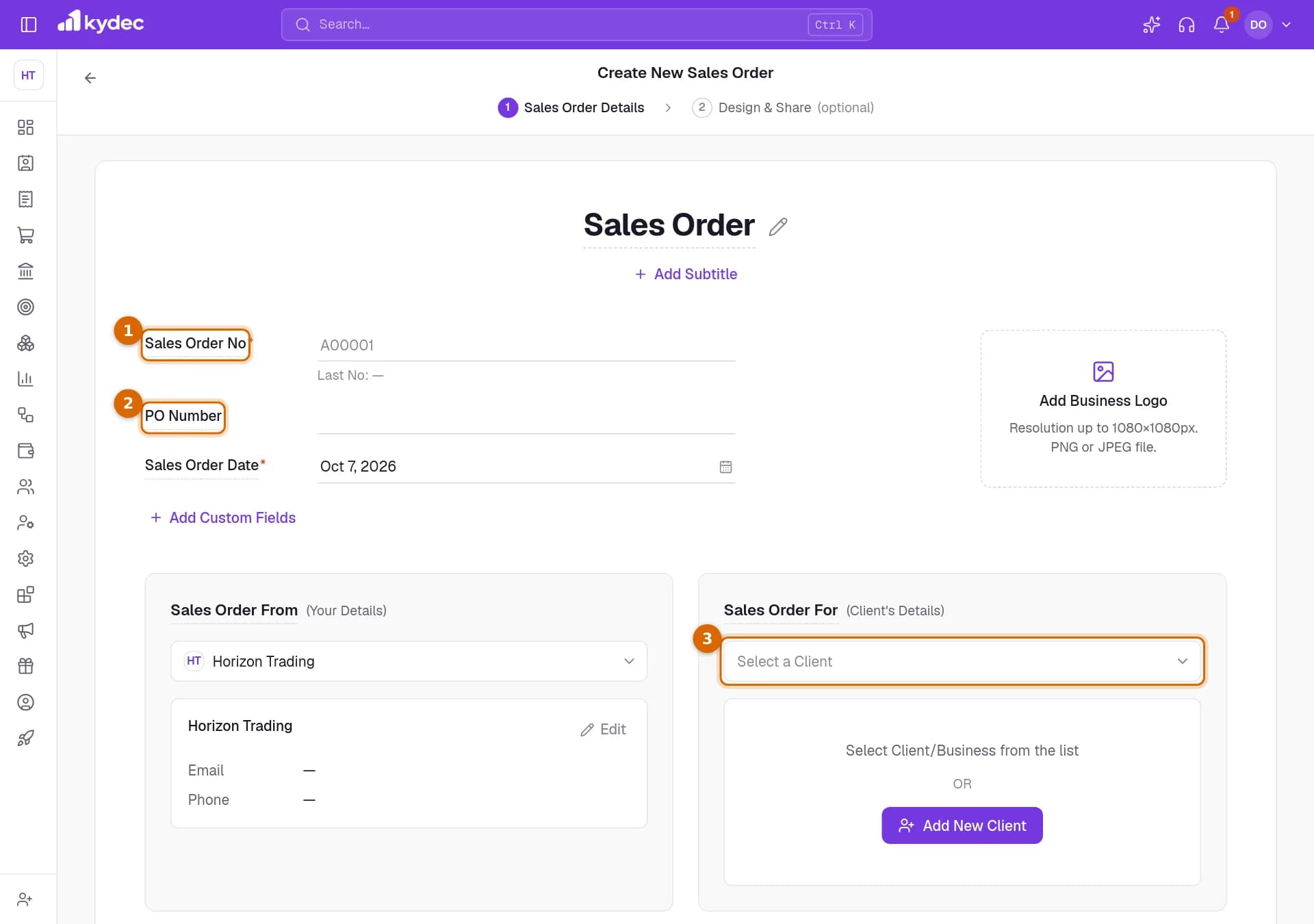 A new sales order with the Sales Order No, the PO Number and the client picker marked.