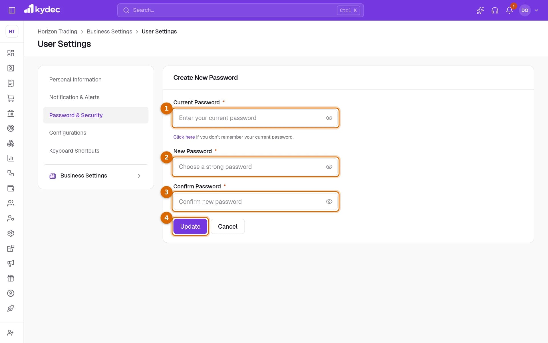 The Create New Password form with the Current Password, New Password and Confirm Password fields and the Update button marked.