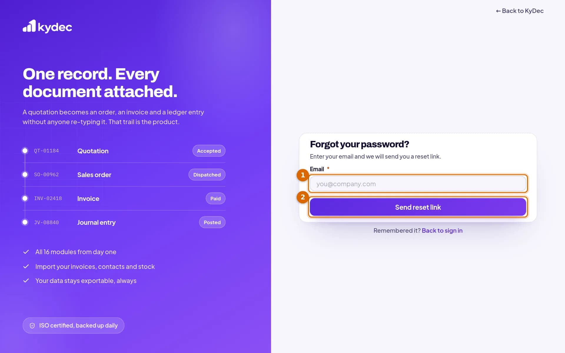 The forgot password page with the Email field and the Send reset link button marked.