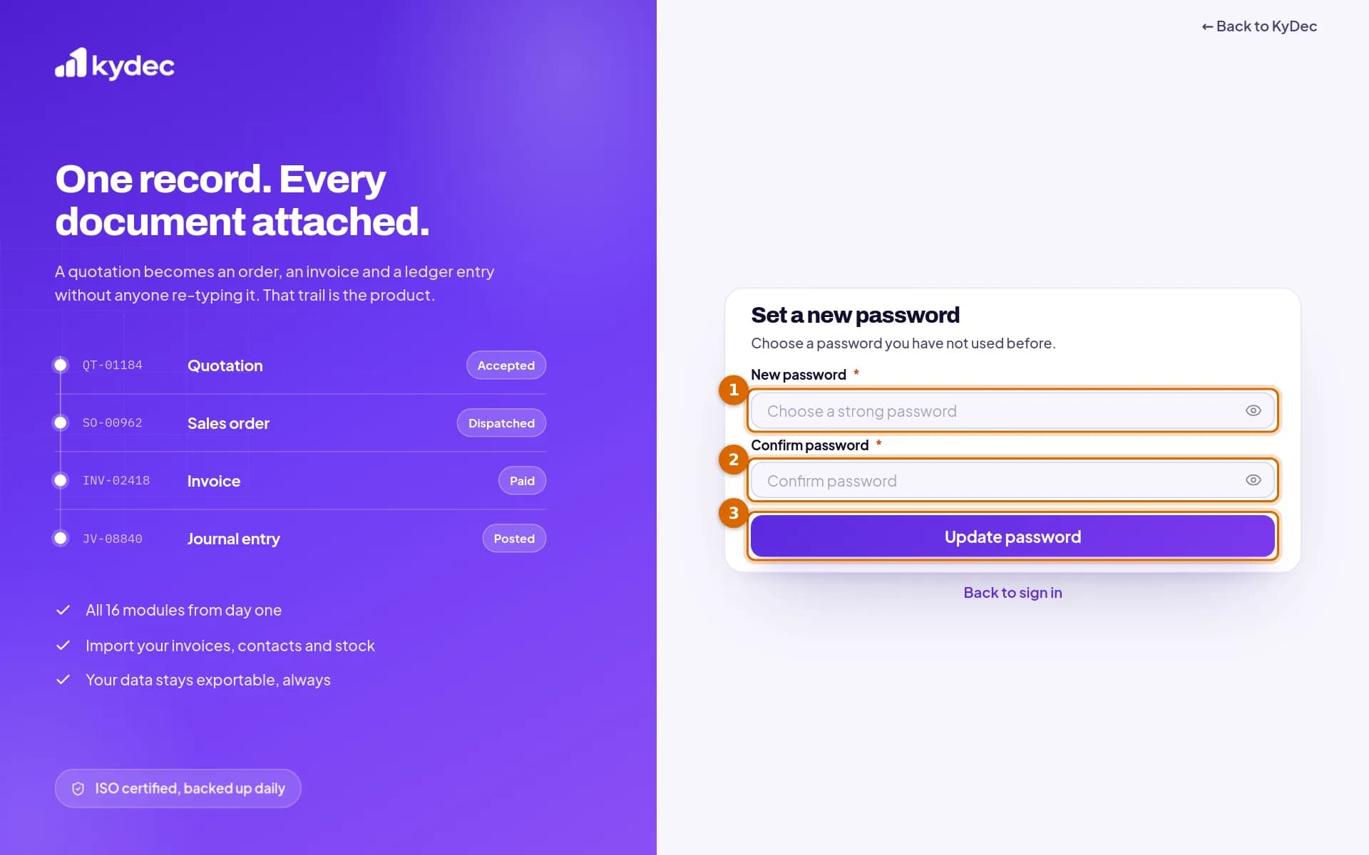 The Set a new password page with the New password field, the Confirm password field and the Update password button marked.