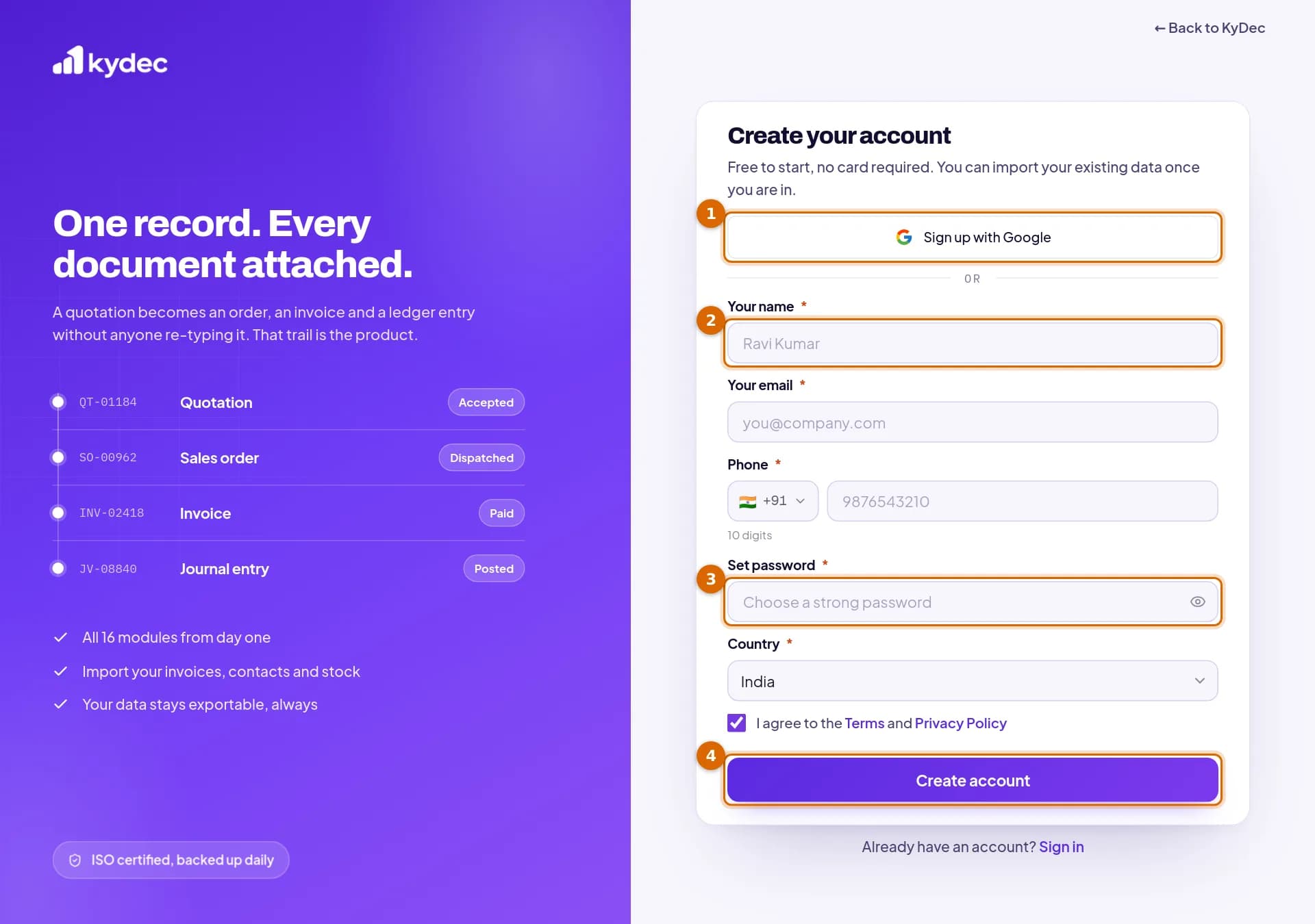 The sign-up page with the Sign up with Google button, the name field, the password field and the Create account button marked.