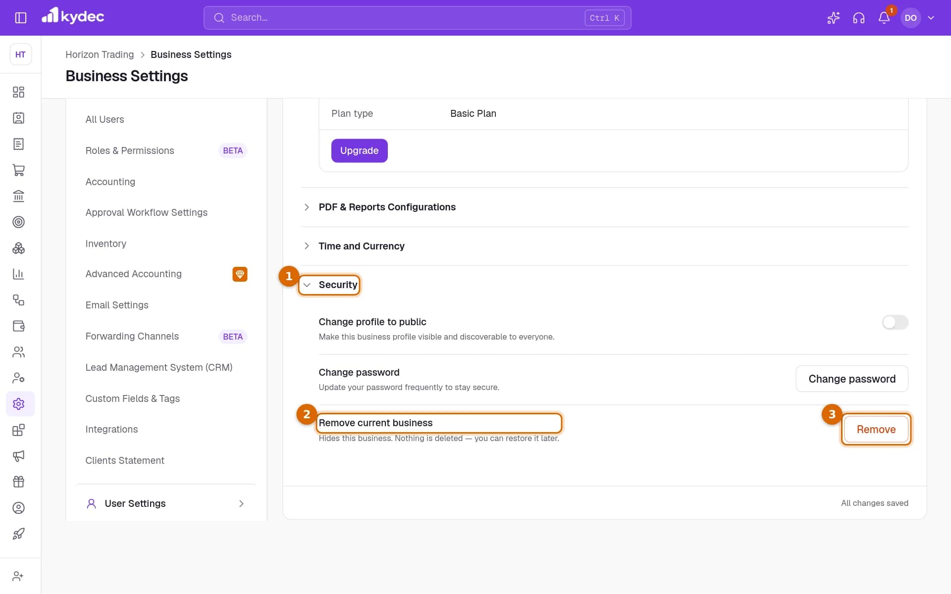 The Security section of General Settings with the section, the Remove current business row and the Remove button marked.