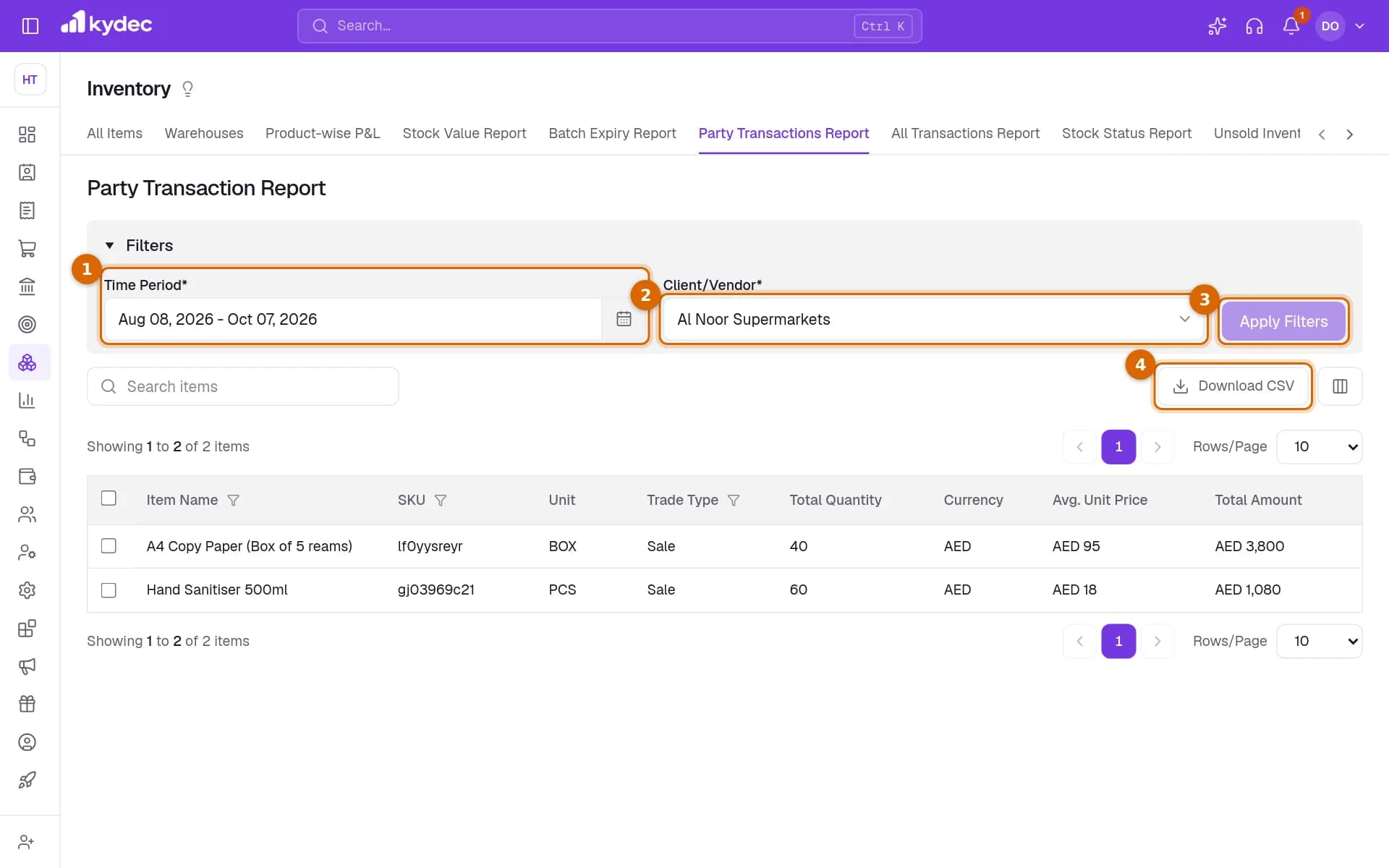 The Party Transaction Report with the Time Period, the Client/Vendor list, the Apply Filters button and Download CSV marked.