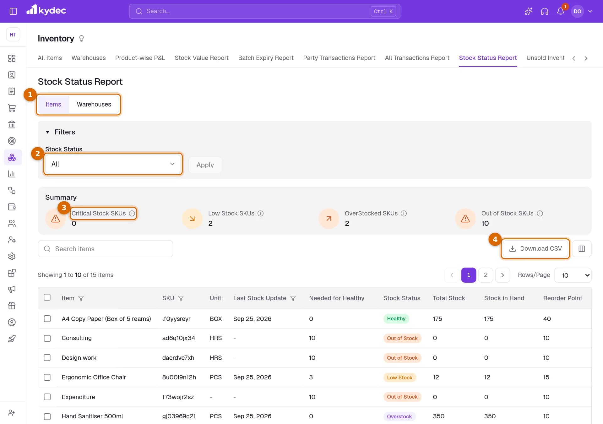 The Stock Status Report with the Items and Warehouses choice, the Stock Status filter, the Critical Stock SKUs count and Download CSV marked.
