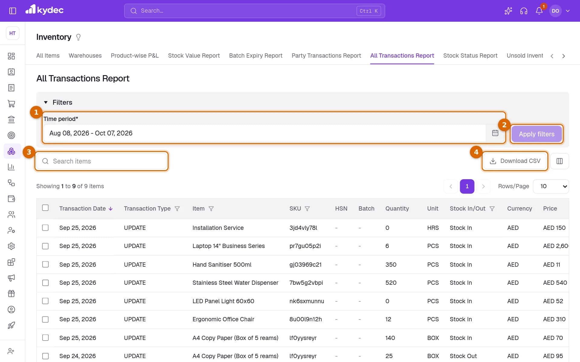 The All Transactions Report with the Time period, the Apply filters button, the search box and Download CSV marked.