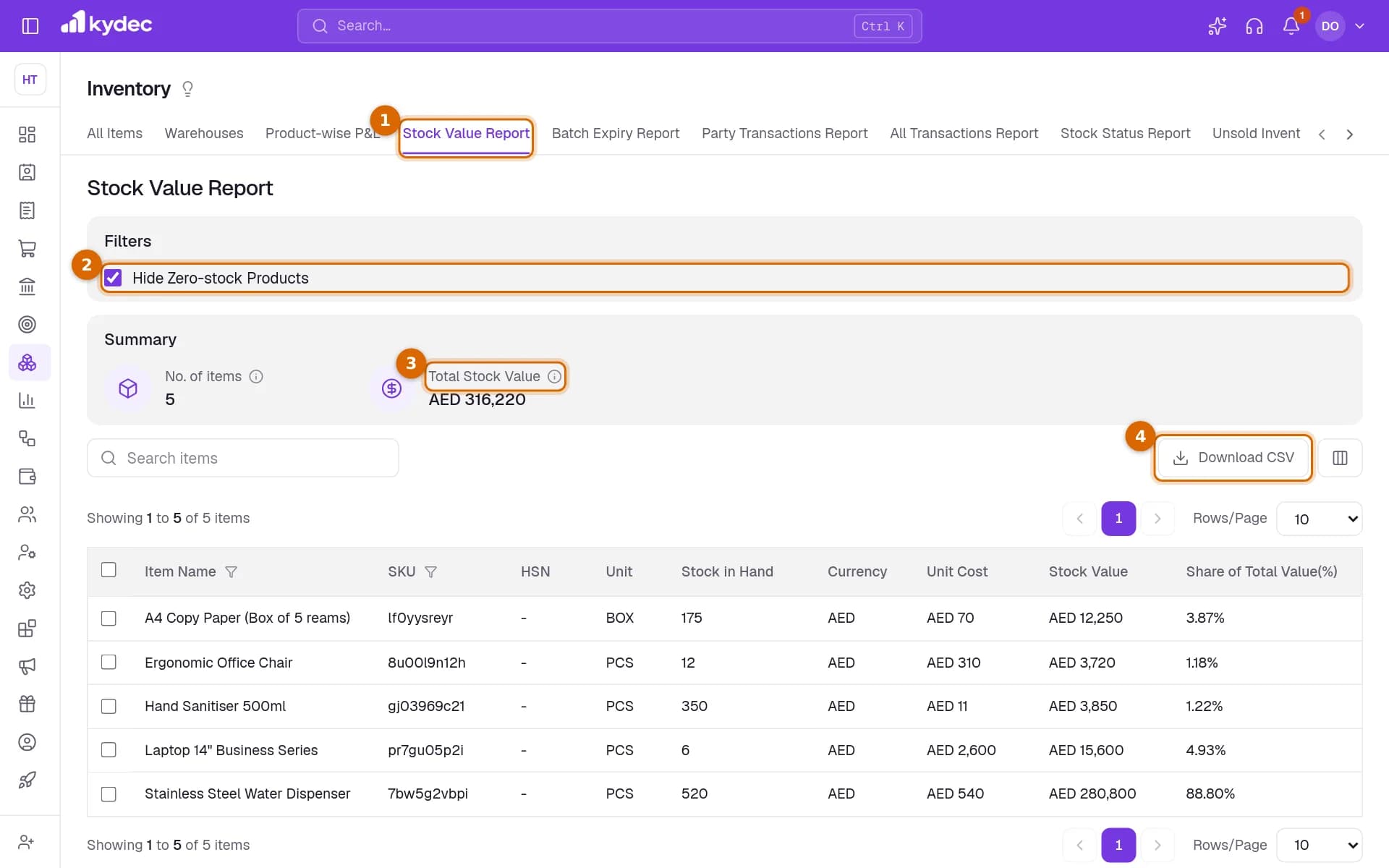 The Stock Value Report with its tab, the Hide Zero-stock Products tick box, the Total Stock Value figure and Download CSV marked.