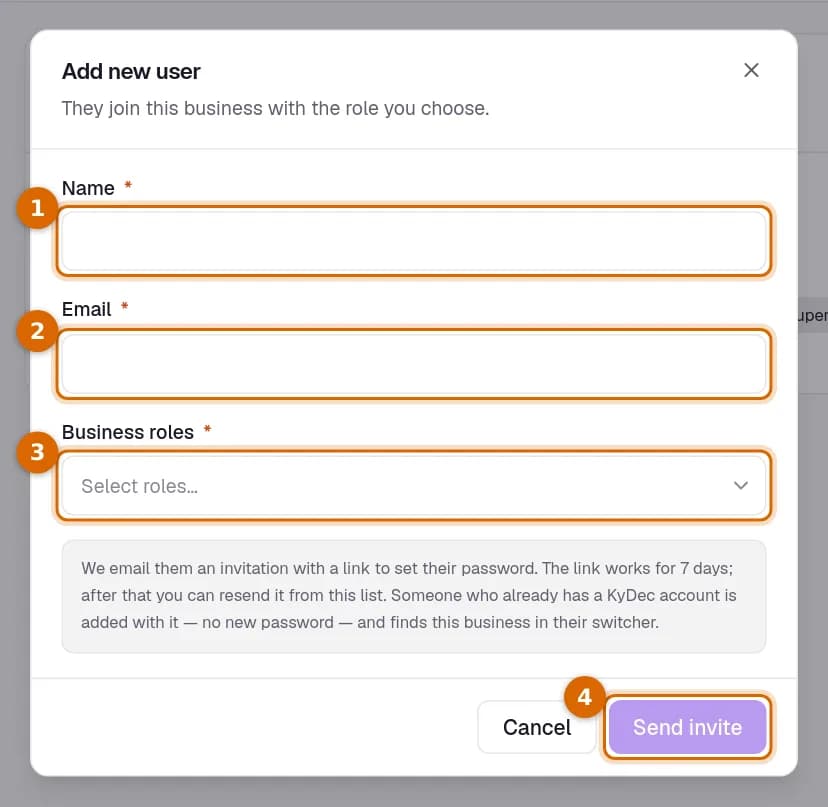 The Add new user dialog with the Name, Email and Business roles fields and the Send invite button marked.