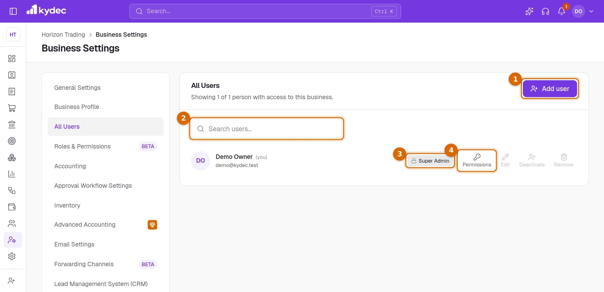 The All Users list with the Add user button, the search box, a Super Admin role chip and the Permissions button on a row marked.