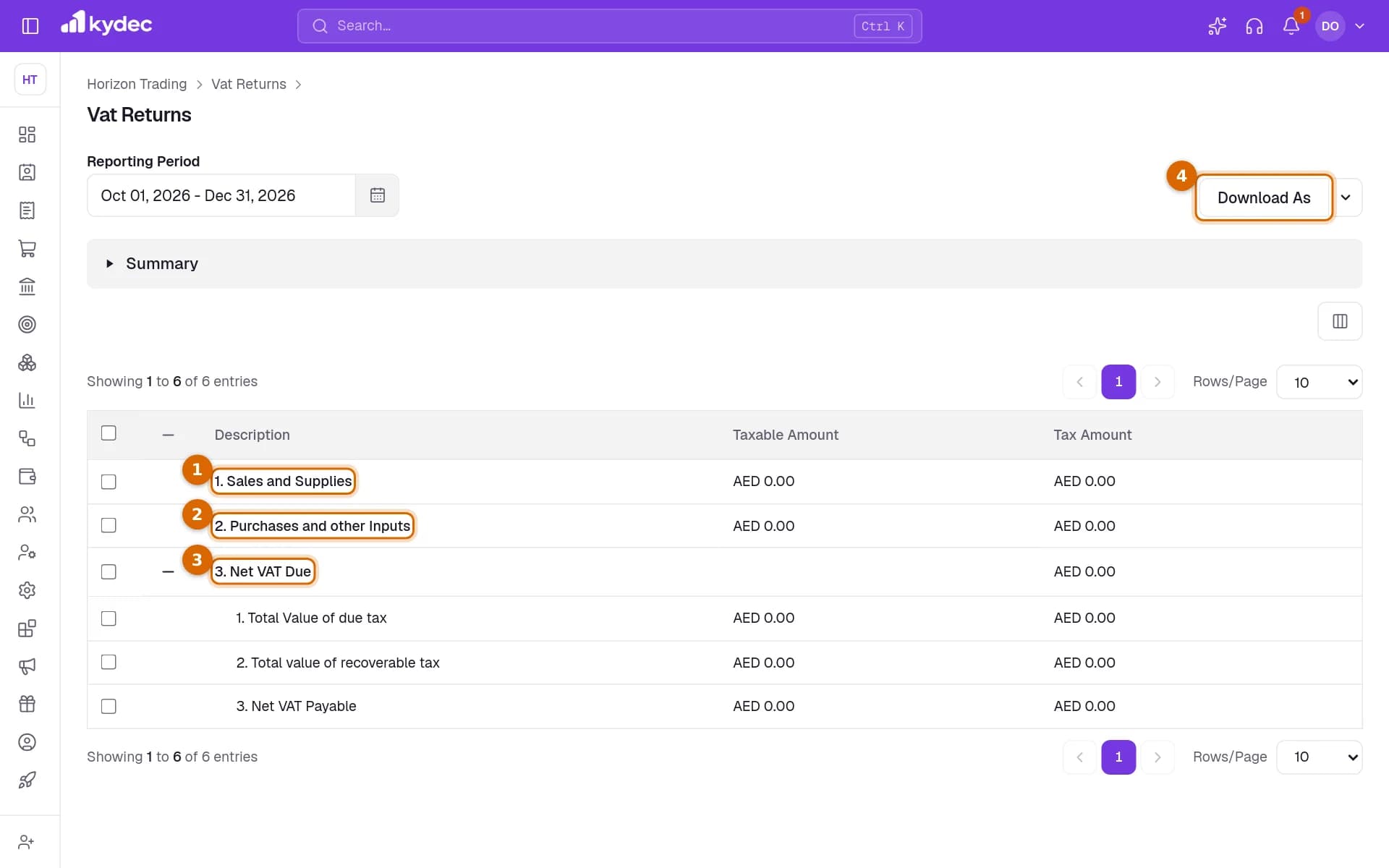 The lines of the VAT return, with Sales and Supplies, Purchases and other Inputs, Net VAT Due and the Download As button marked.
