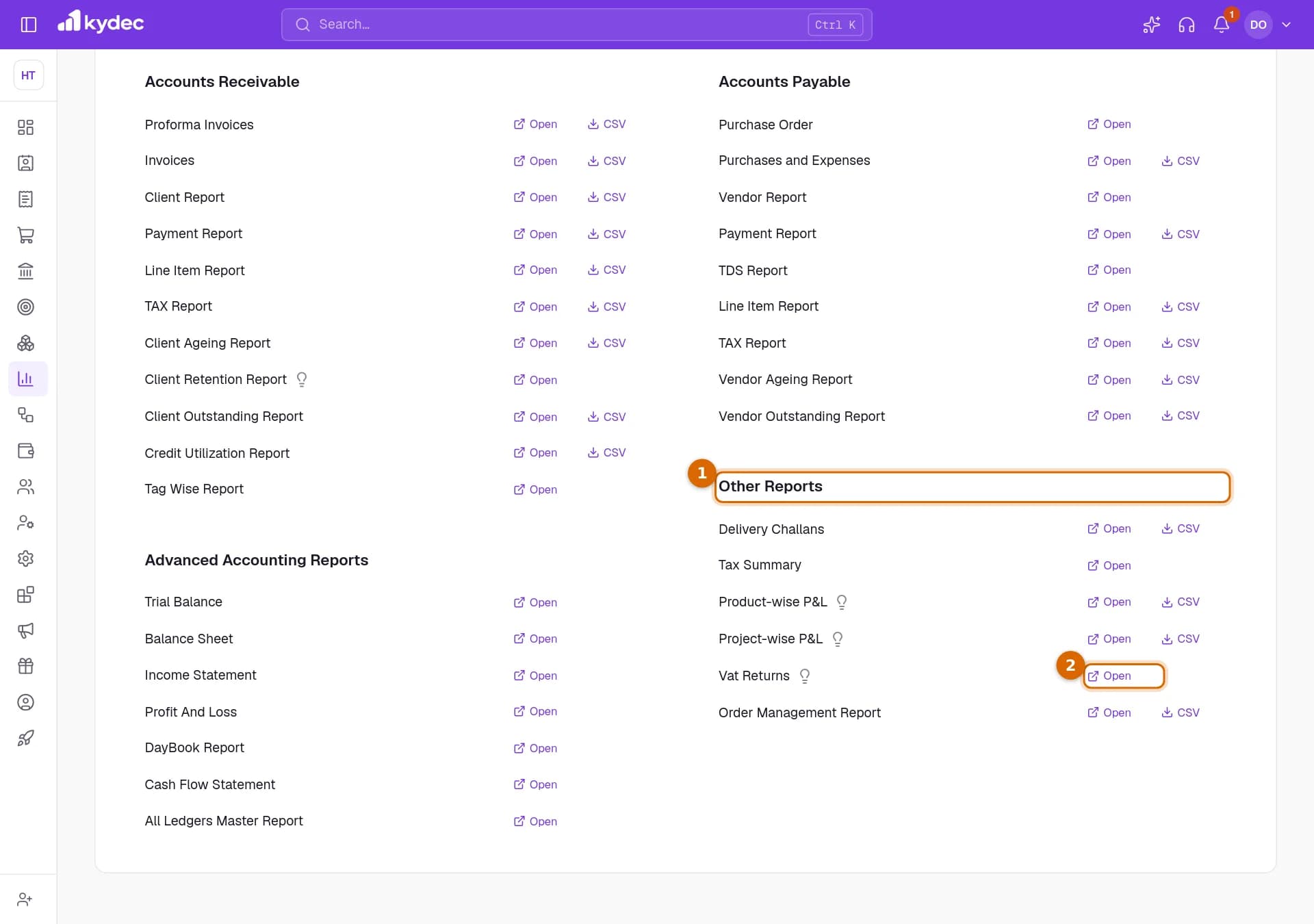 The Reports page scrolled to Other Reports, with the heading and the Open link of Vat Returns marked.