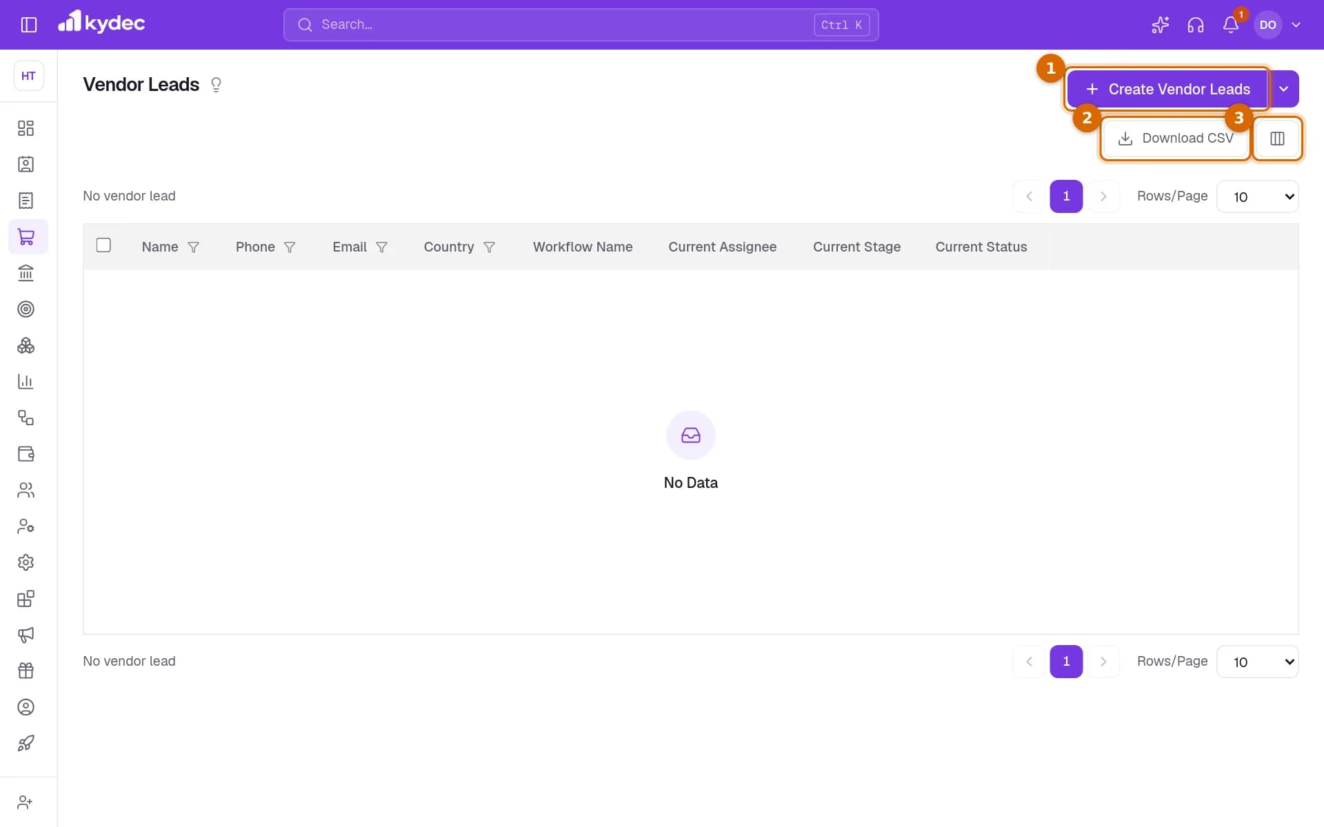 The Vendor Leads list with the Create Vendor Leads button, Download CSV and the columns button marked.