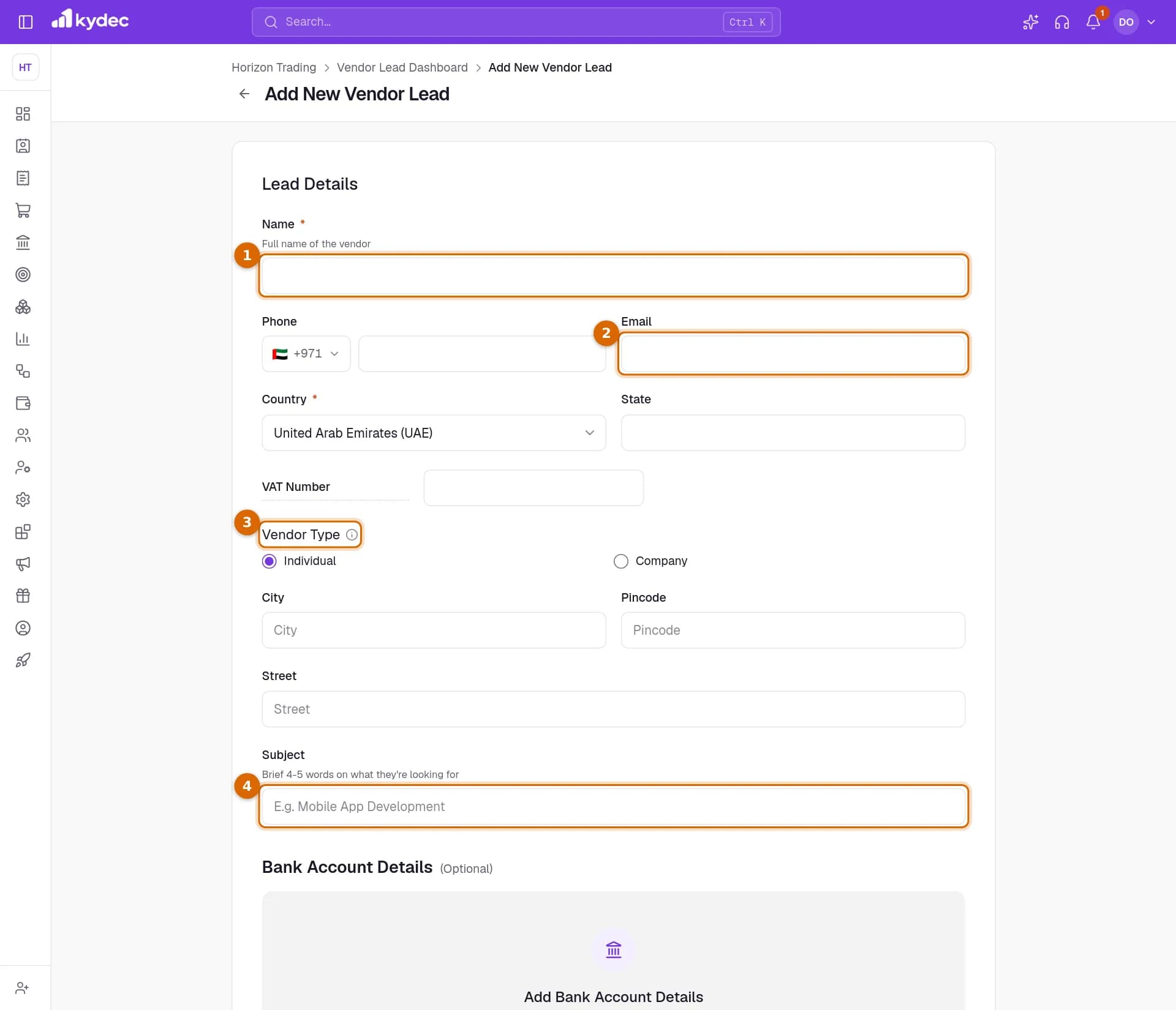 The Add New Vendor Lead form with the Name, Email, Vendor Type and Subject fields marked.