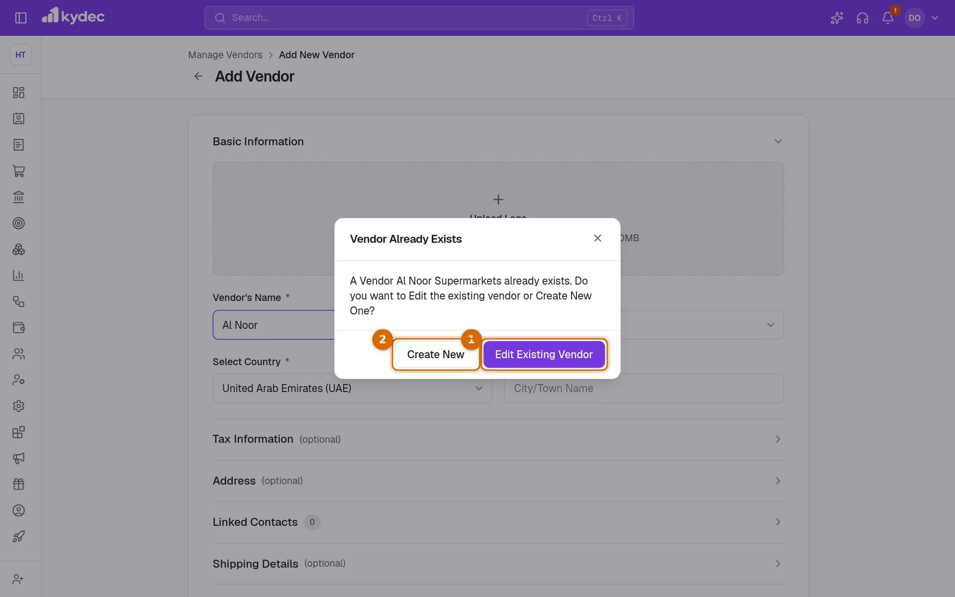 The Vendor Already Exists question over the Add Vendor form, with the Edit Existing Vendor and Create New buttons marked.