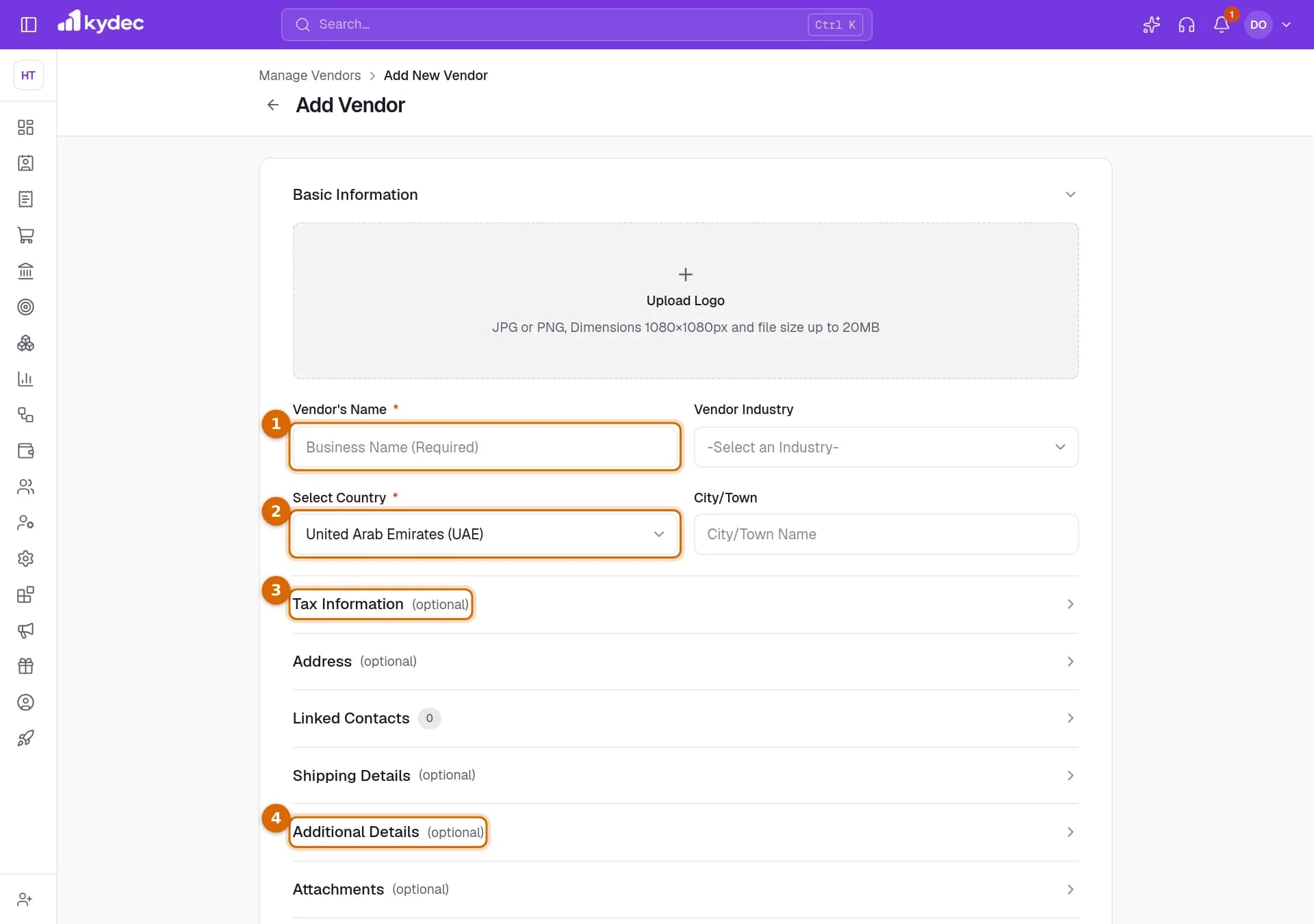 The Add Vendor form with the Vendor's Name and Select Country fields and the Tax Information and Additional Details sections marked.