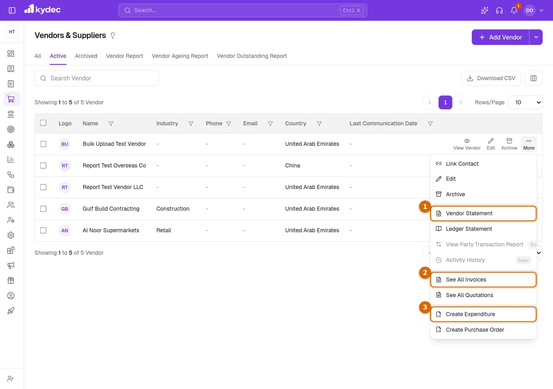 The More menu of a vendor, with Vendor Statement, See All Invoices and Create Expenditure marked.