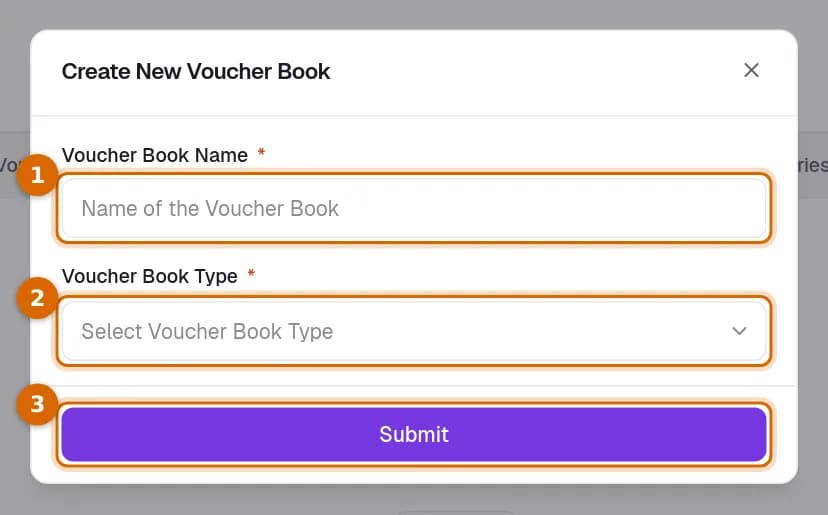 The Create New Voucher Book dialog with the name, the type and the Submit button marked.