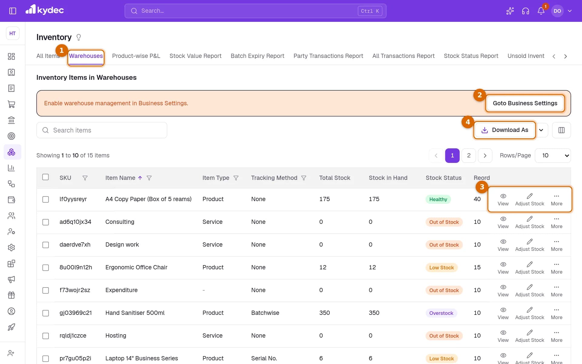 The Warehouses page with its tab, the Goto Business Settings button, the actions on a row and the Download As button marked.
