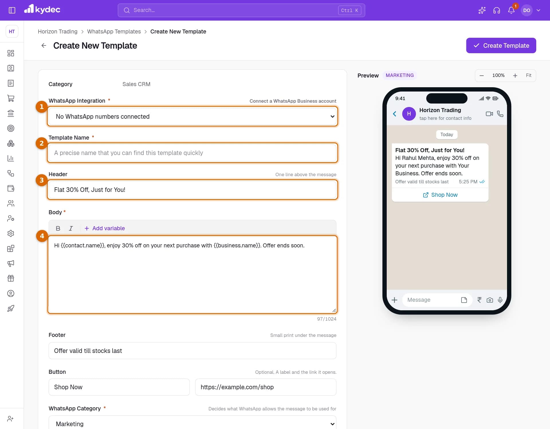 The Create New Template form with the WhatsApp Integration, Template Name, Header and Body fields marked.