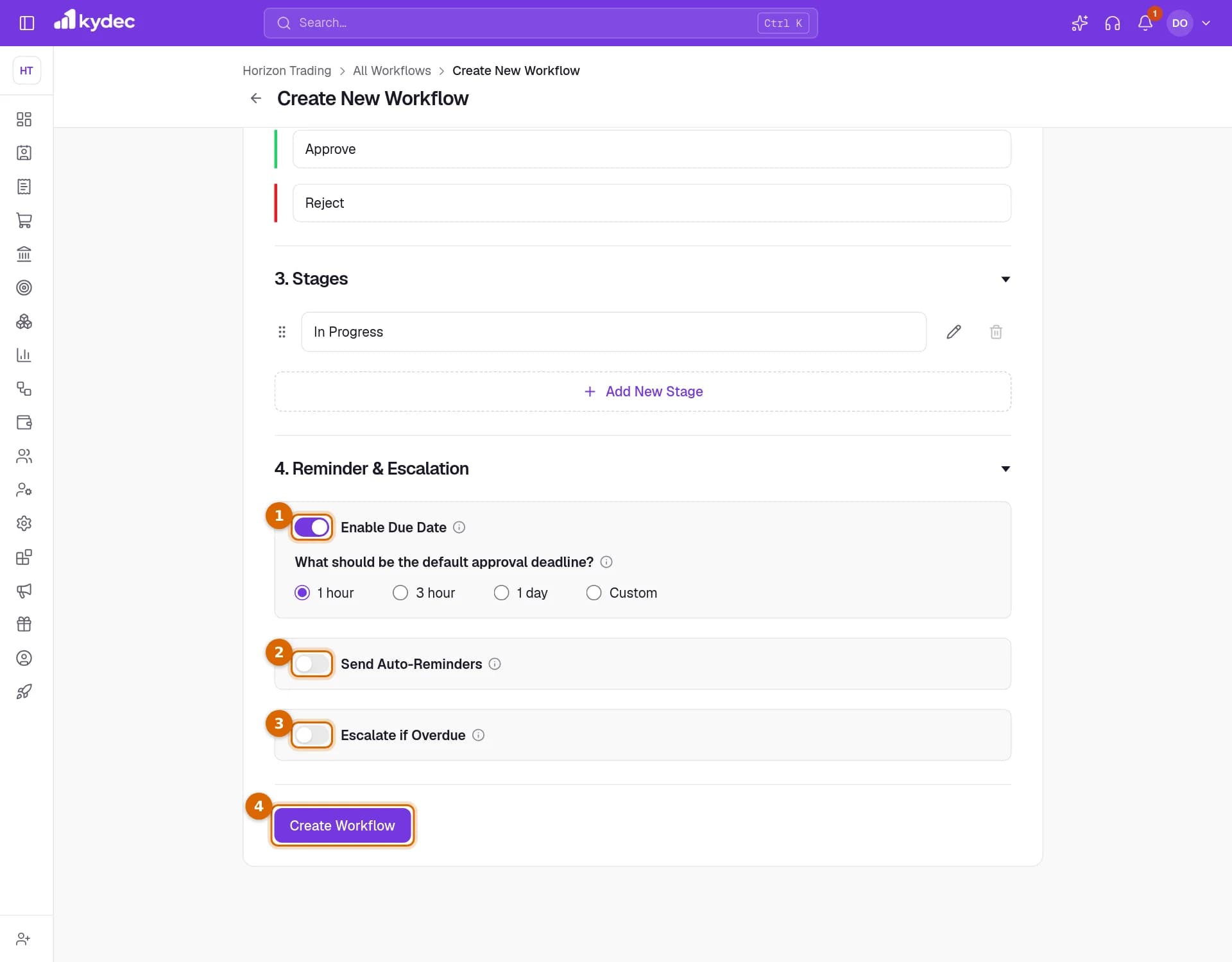 The Stages and Reminder & Escalation parts of the workflow form, with the Enable Due Date, Send Auto-Reminders and Escalate if Overdue switches and the Create Workflow button marked.