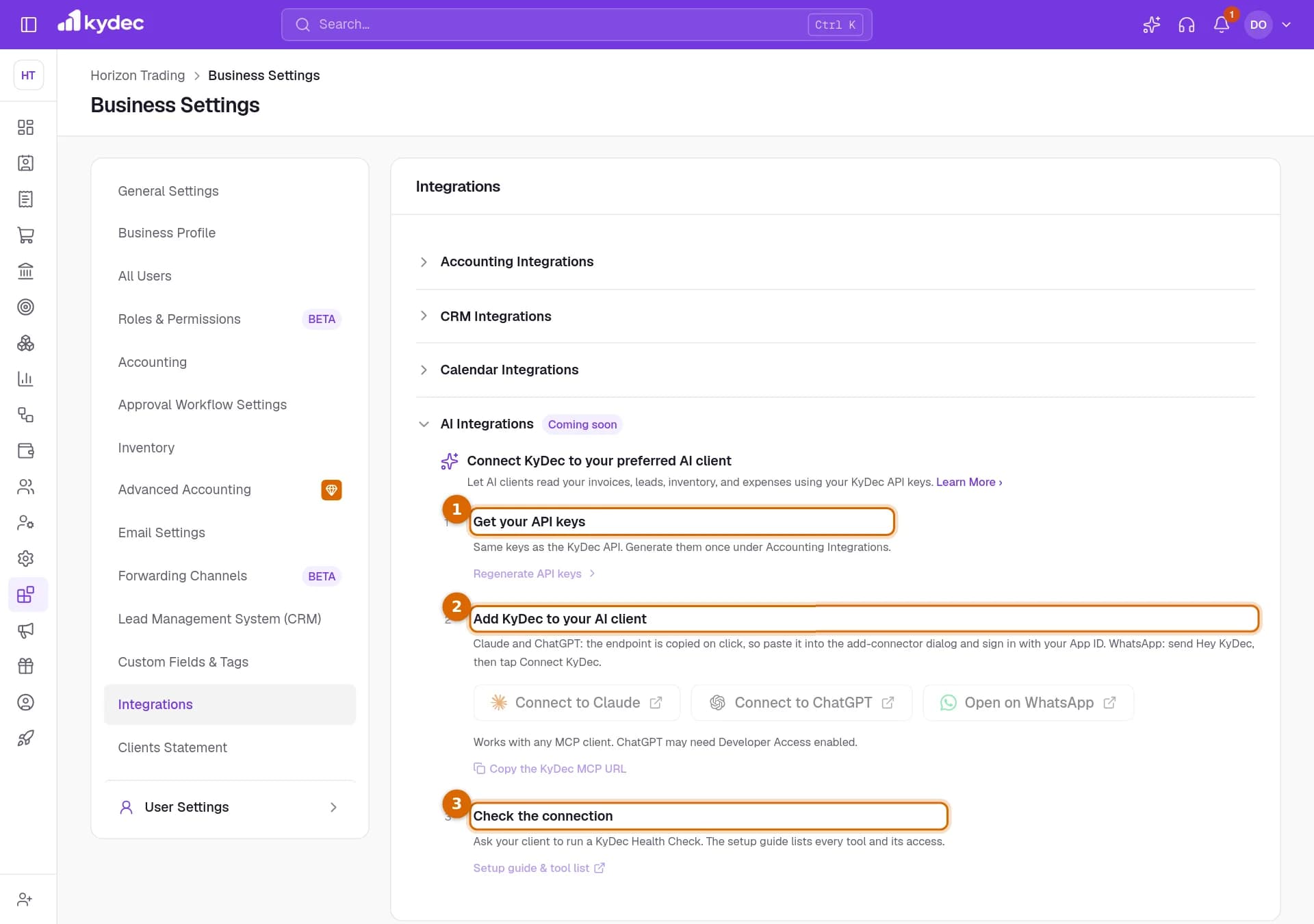 The AI Integrations section of the Integrations tab, with its three steps marked: Get your API keys, Add KyDec to your AI client, and Check the connection.