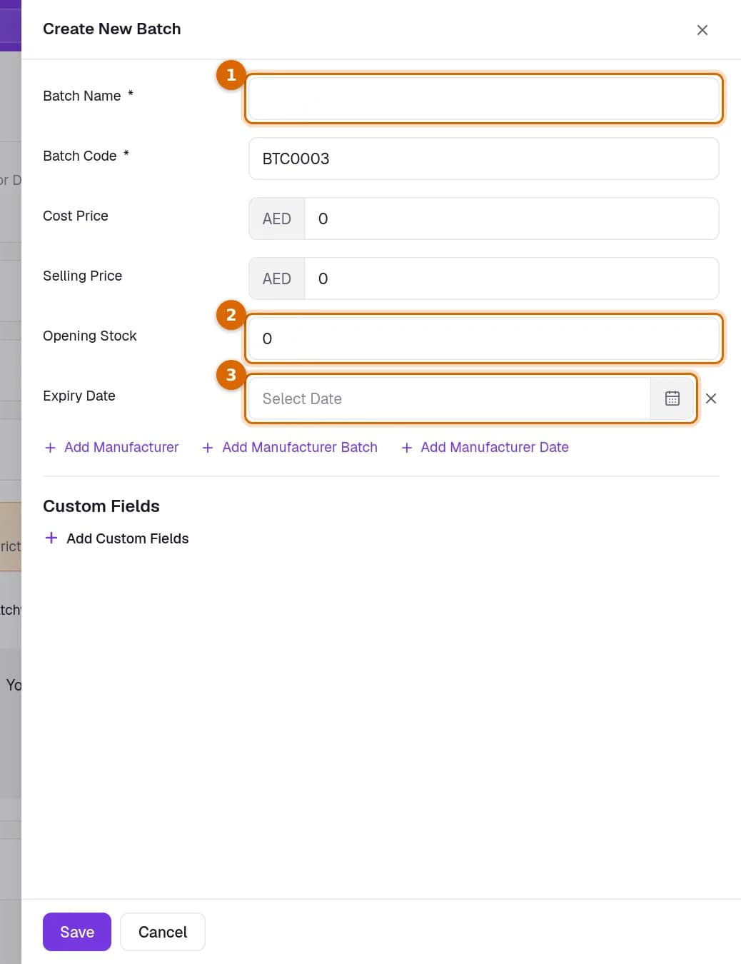 The Create New Batch panel with the Batch Name, Opening Stock and Expiry Date fields marked.