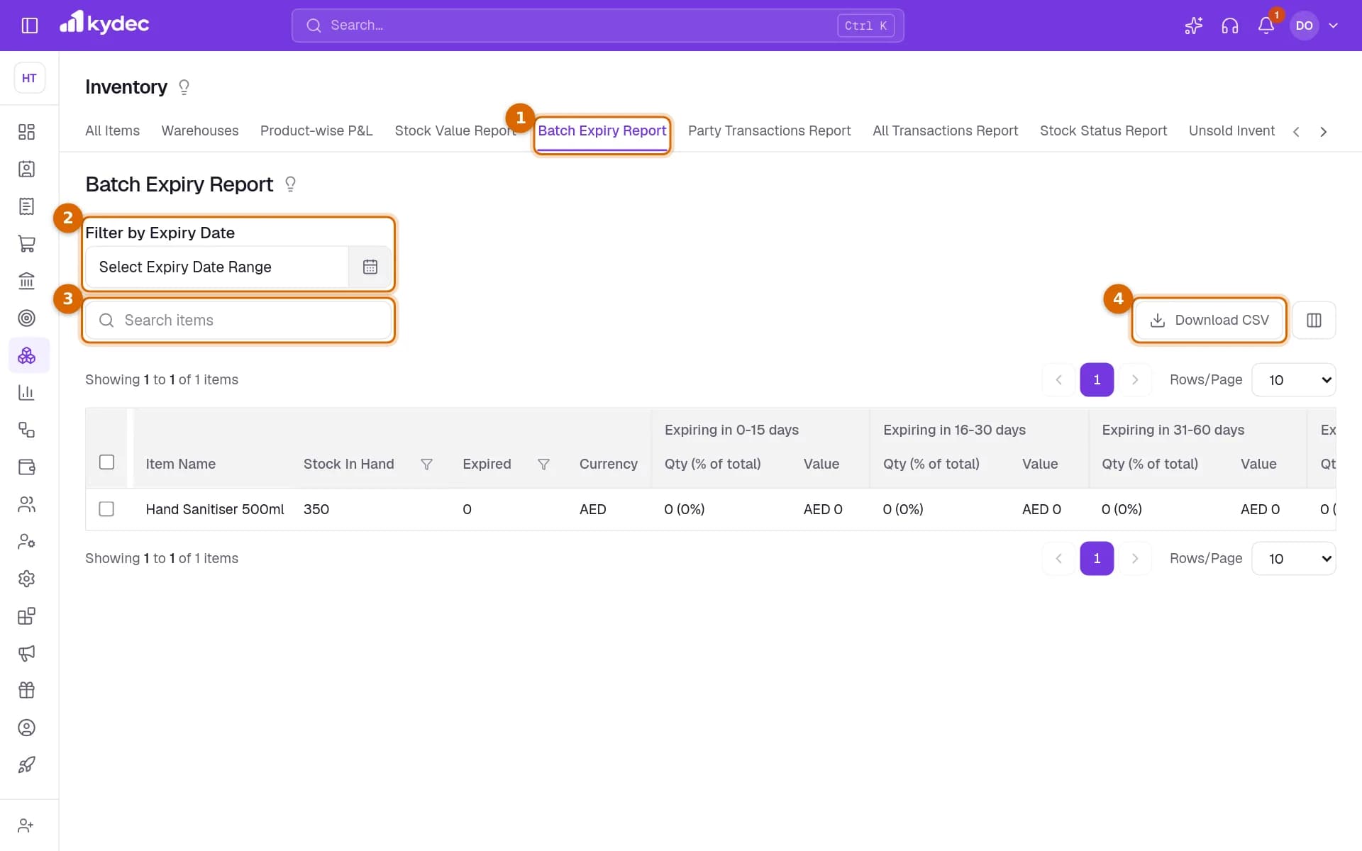 The Batch Expiry Report with its tab, the Filter by Expiry Date range, the search box and Download CSV marked.