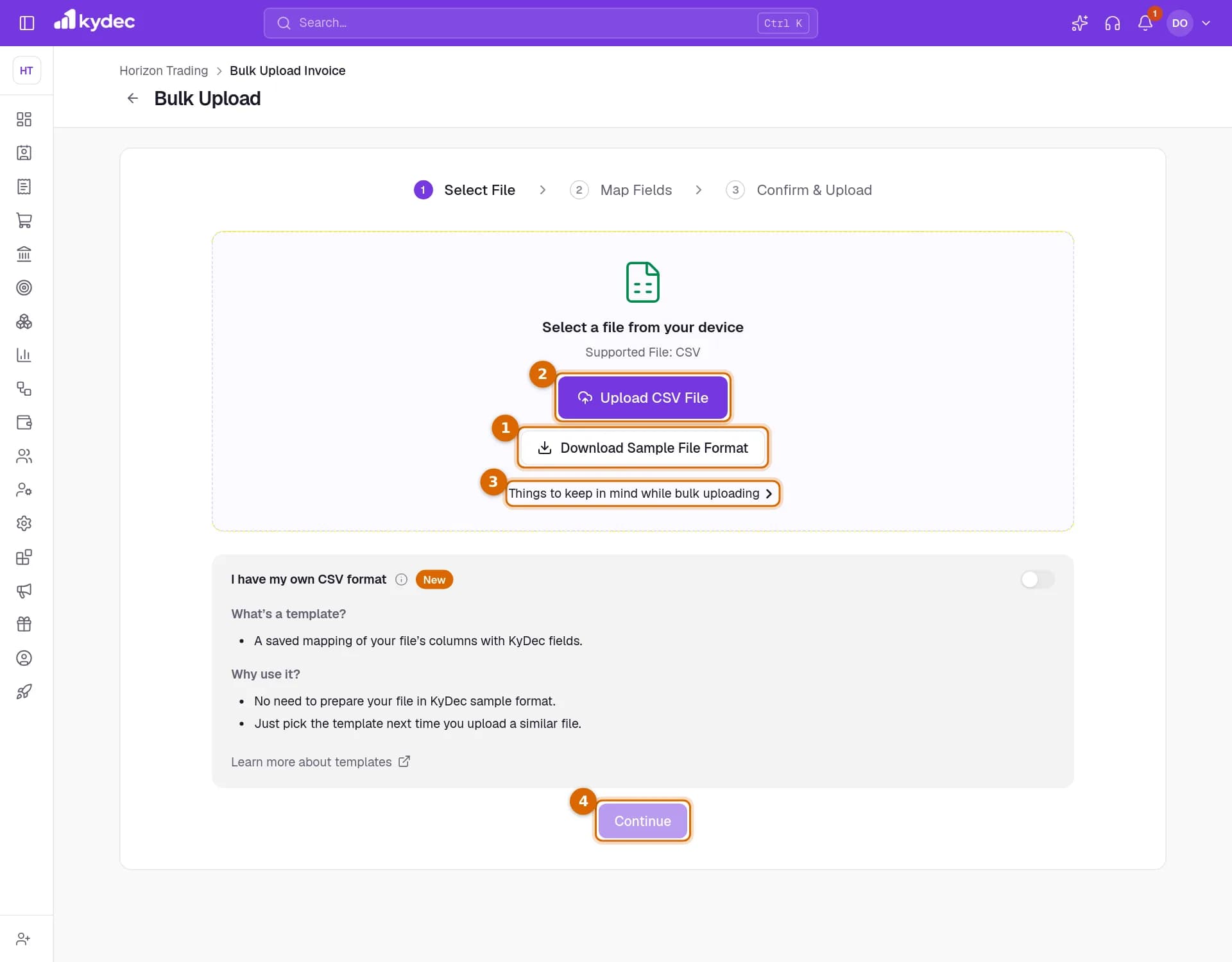 The Select File step of Bulk Upload, with Download Sample File Format, Upload CSV File, Things to keep in mind and Continue marked.