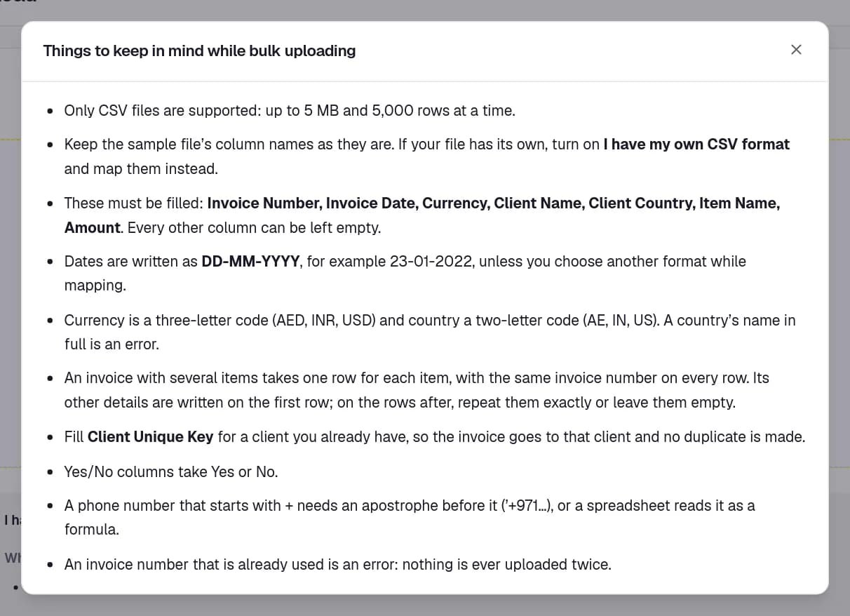 The Things to keep in mind while bulk uploading dialog, listing the rules a file is checked against.