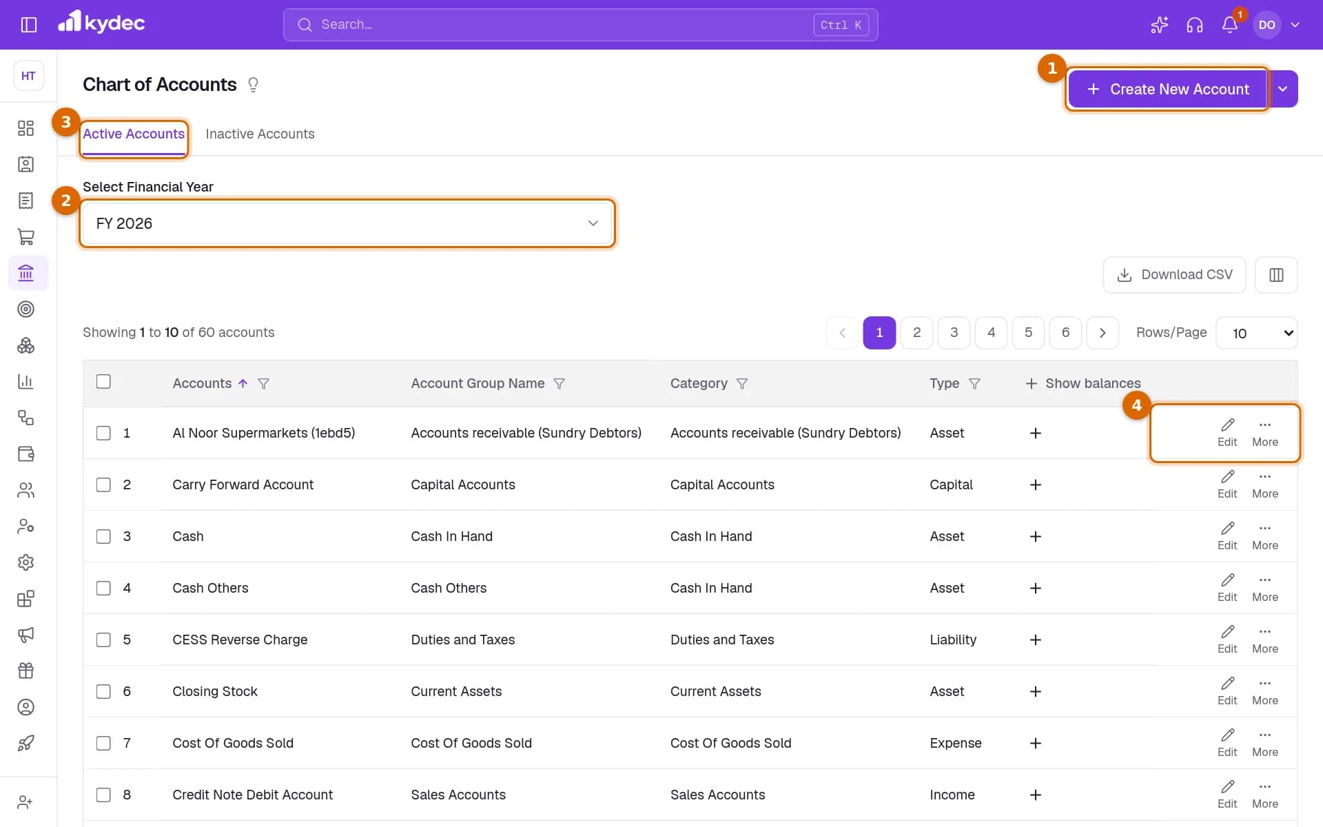 The Chart of Accounts list with the Create New Account button, the financial year, the Active Accounts tab and the actions on a row marked.