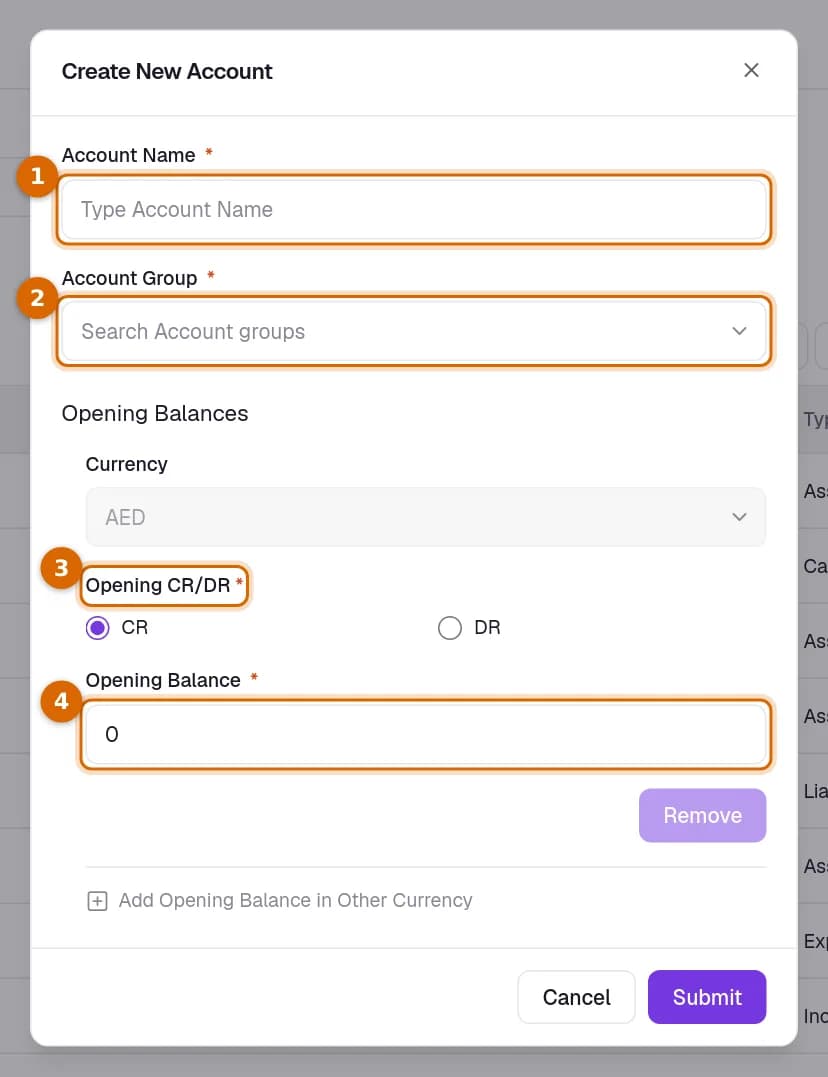 The Create New Account dialog with the account name, the account group, the opening side and the opening balance marked.