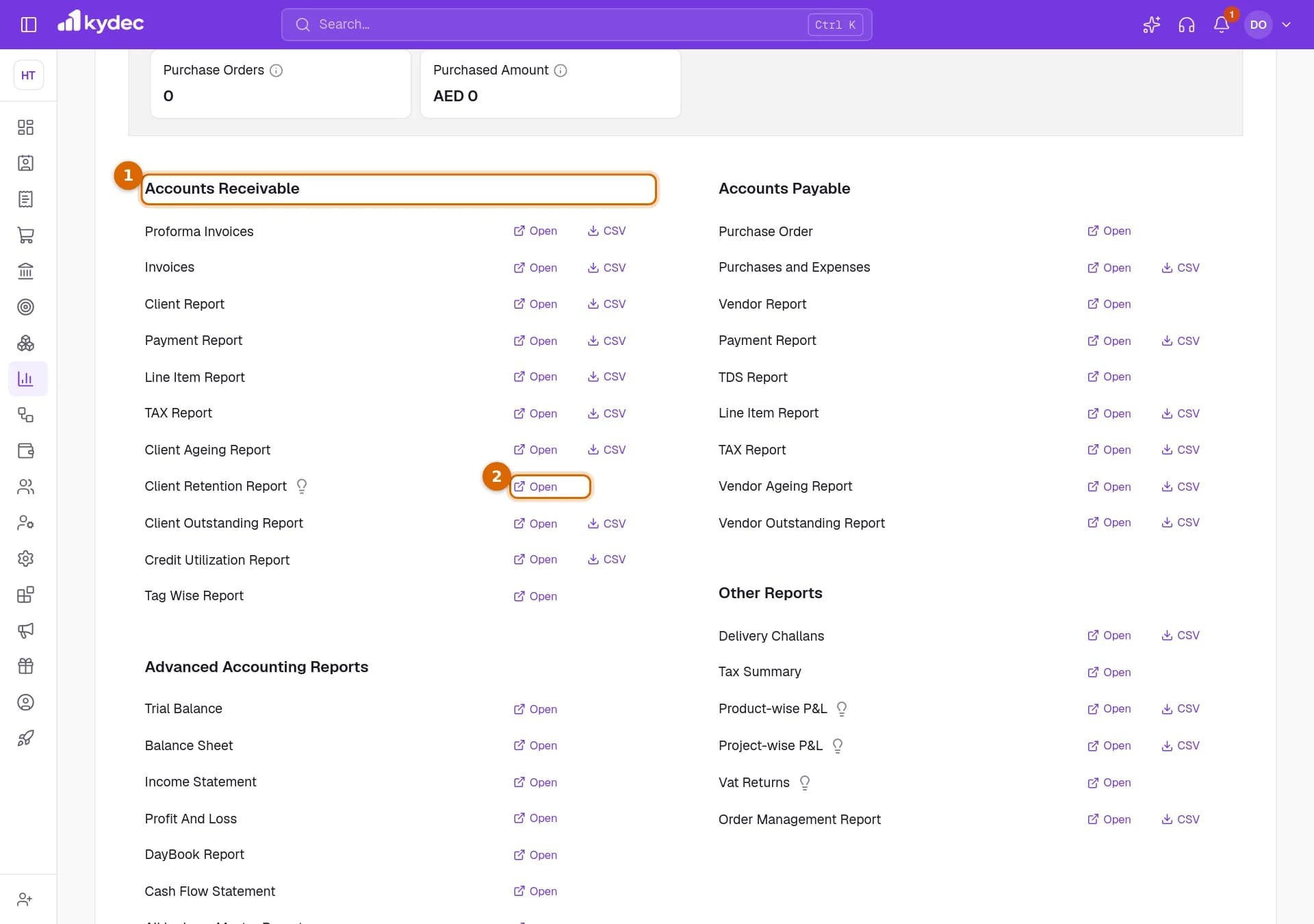 The Reports page with the Accounts Receivable heading and the Open link of Client Retention Report marked.