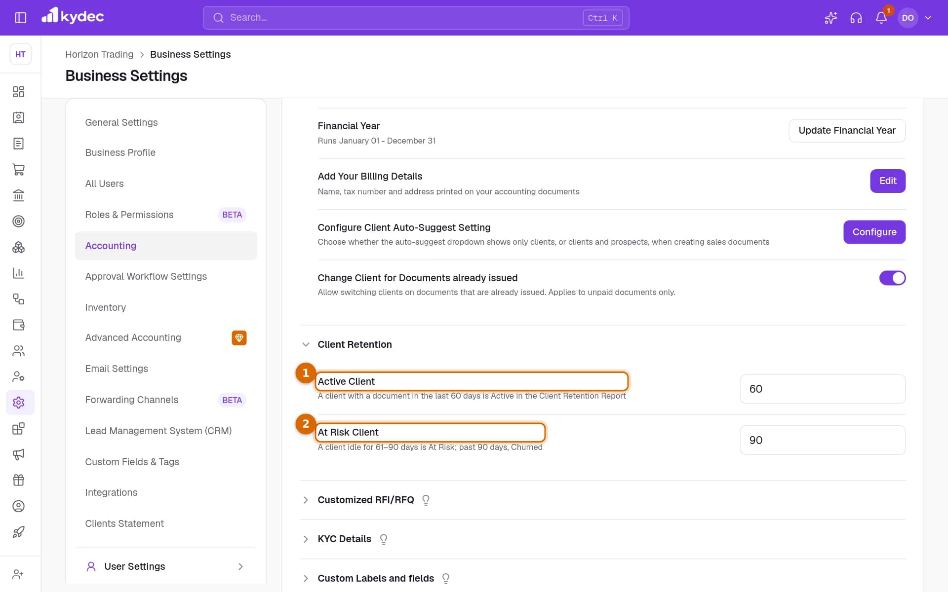 The Client Retention section of the Accounting settings, with the Active Client and At Risk Client day fields marked.