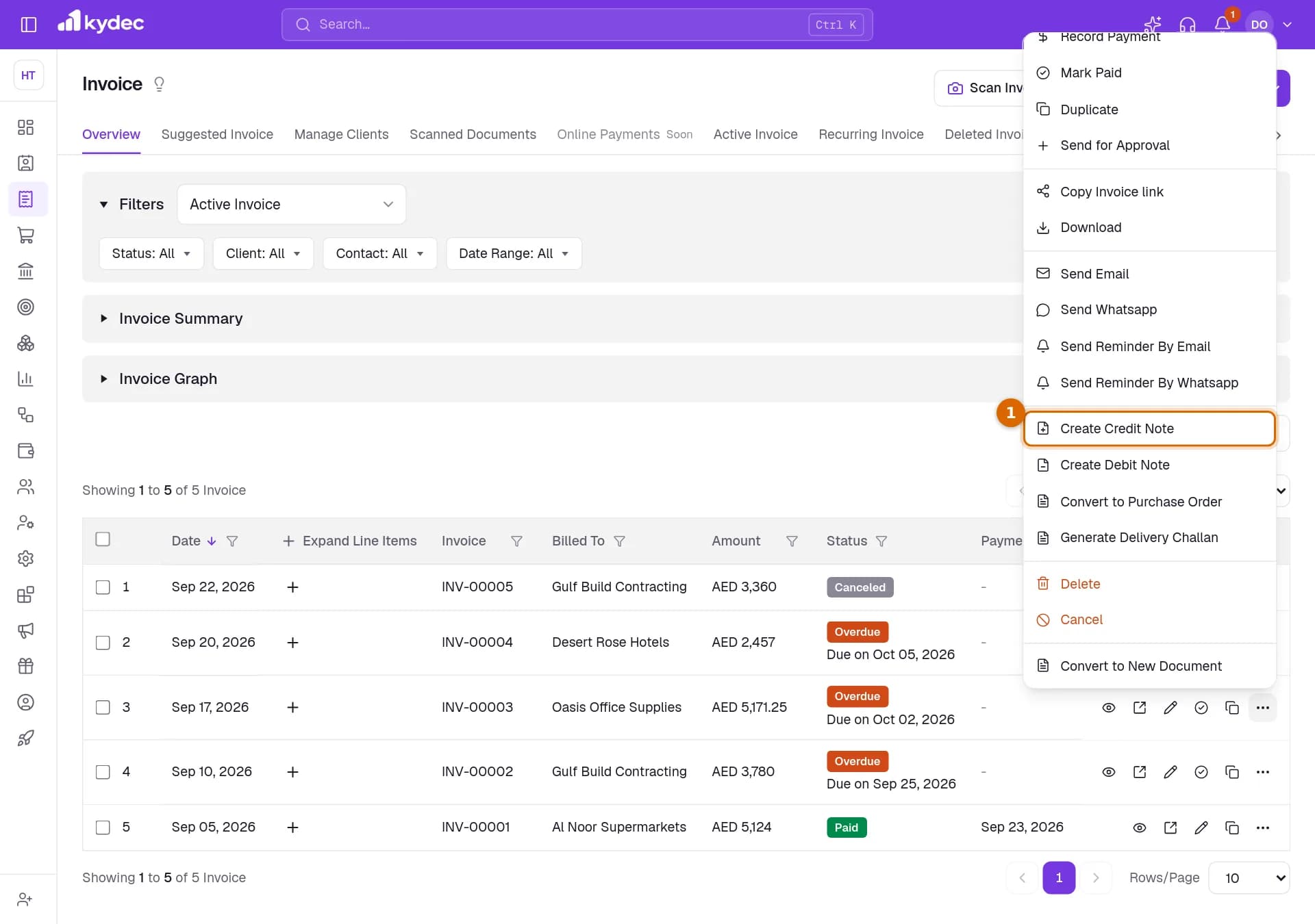 The actions menu of an invoice with Create Credit Note marked.