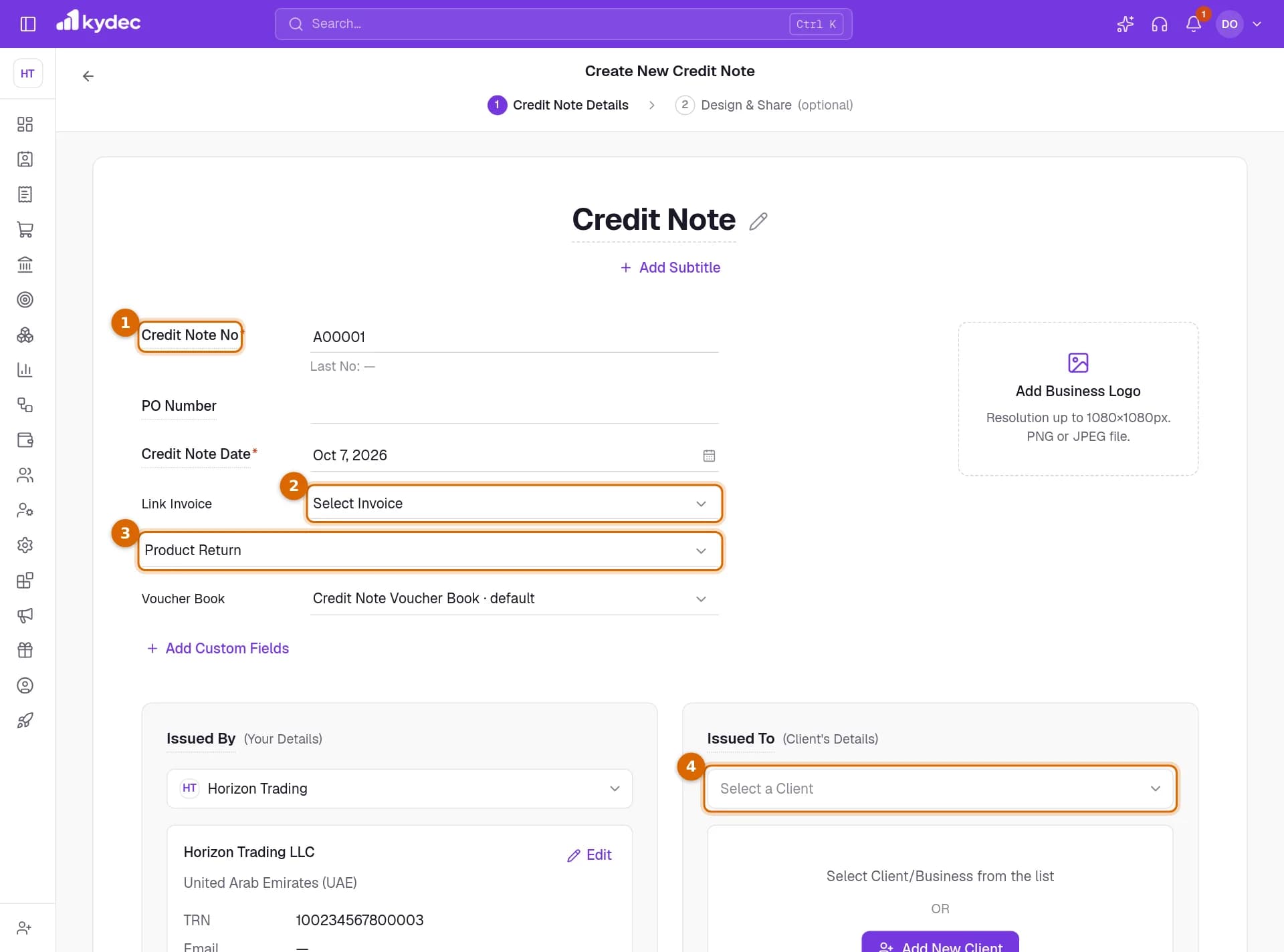 A new credit note with the Credit Note No, Link Invoice, the reason and the client picker marked.
