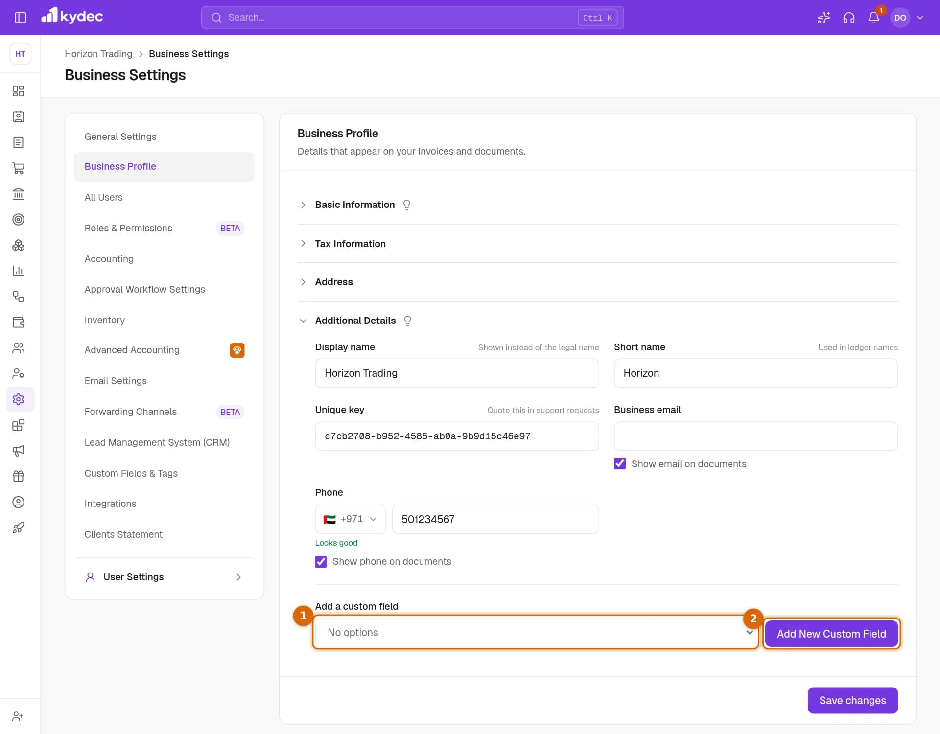 The Additional Details part of the business profile, with the Add a custom field list and the Add New Custom Field button marked.