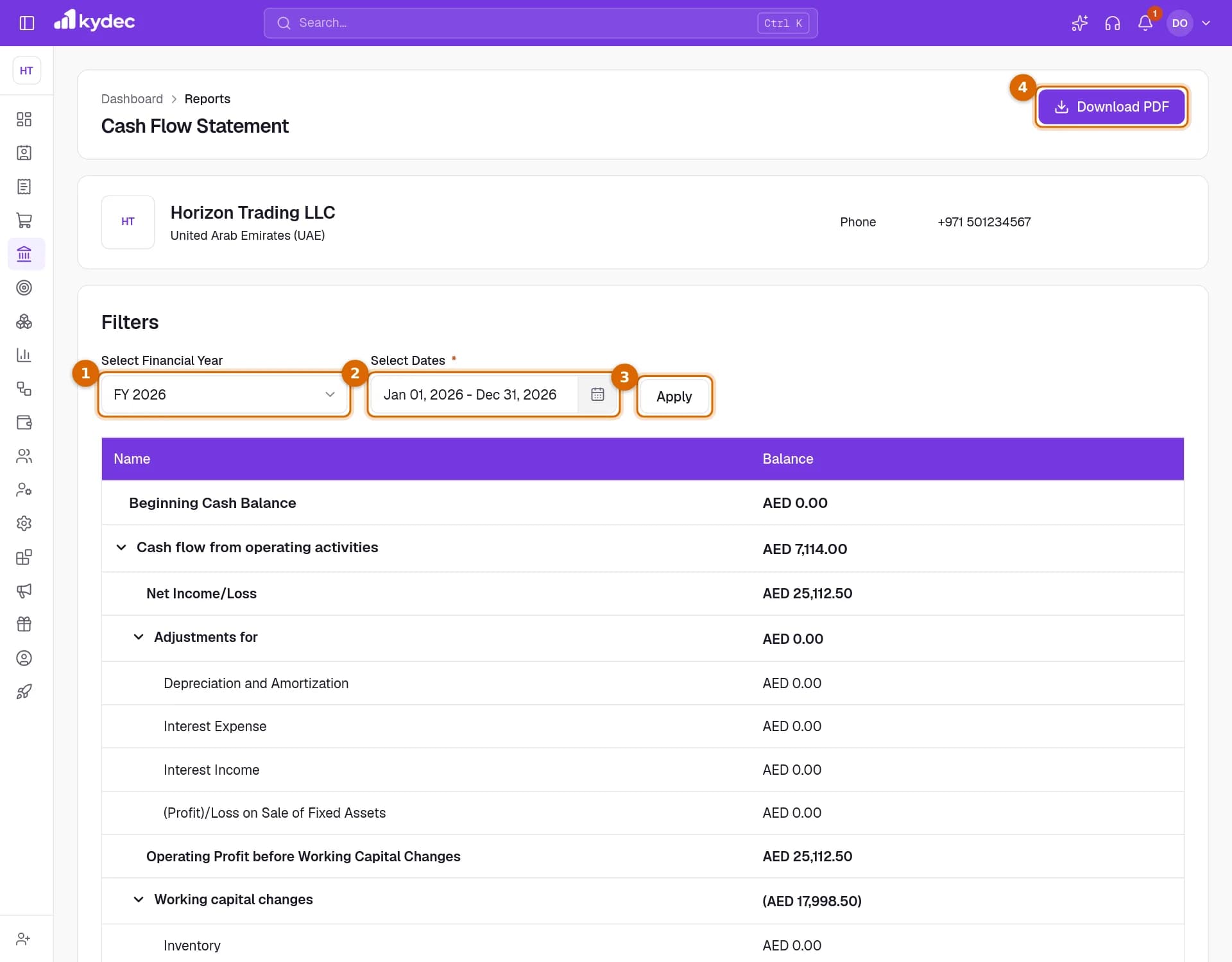 The Cash Flow Statement with the financial year, the dates, the Apply button and Download PDF marked.