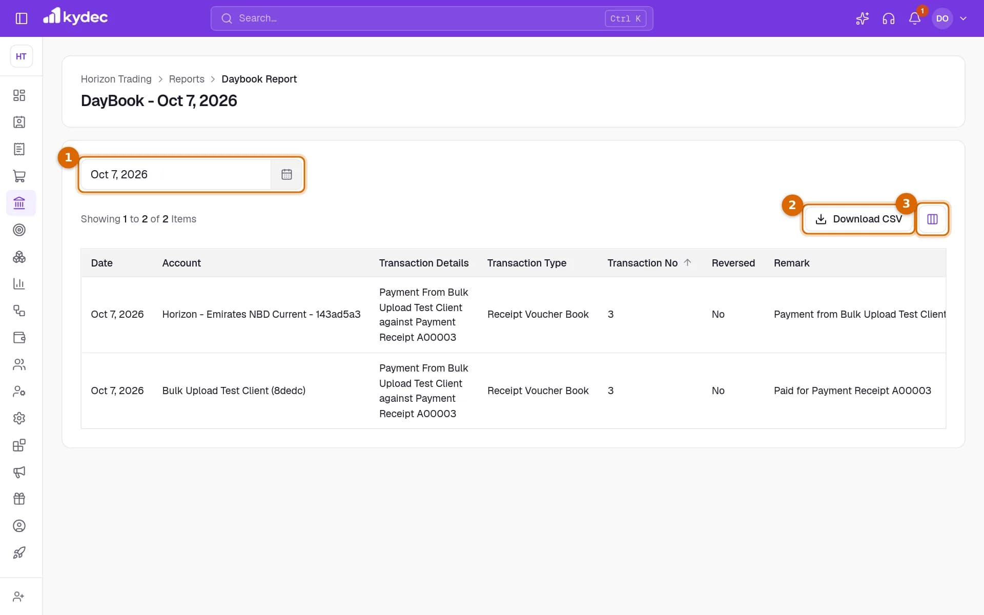 The Day Book with the date, the Download CSV button and the columns button marked.