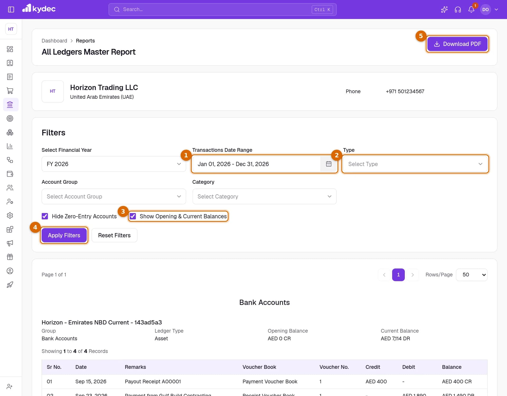 The All Ledgers Master Report with the date range, the Type filter, the Show Opening & Current Balances tick box, Apply Filters and Download PDF marked.