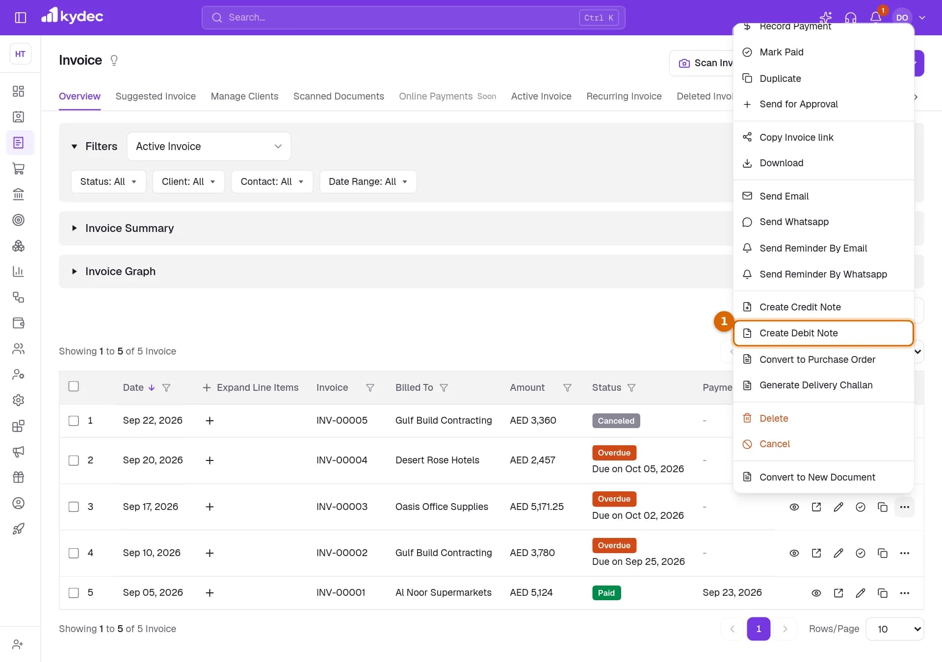 The actions menu of an invoice with Create Debit Note marked.